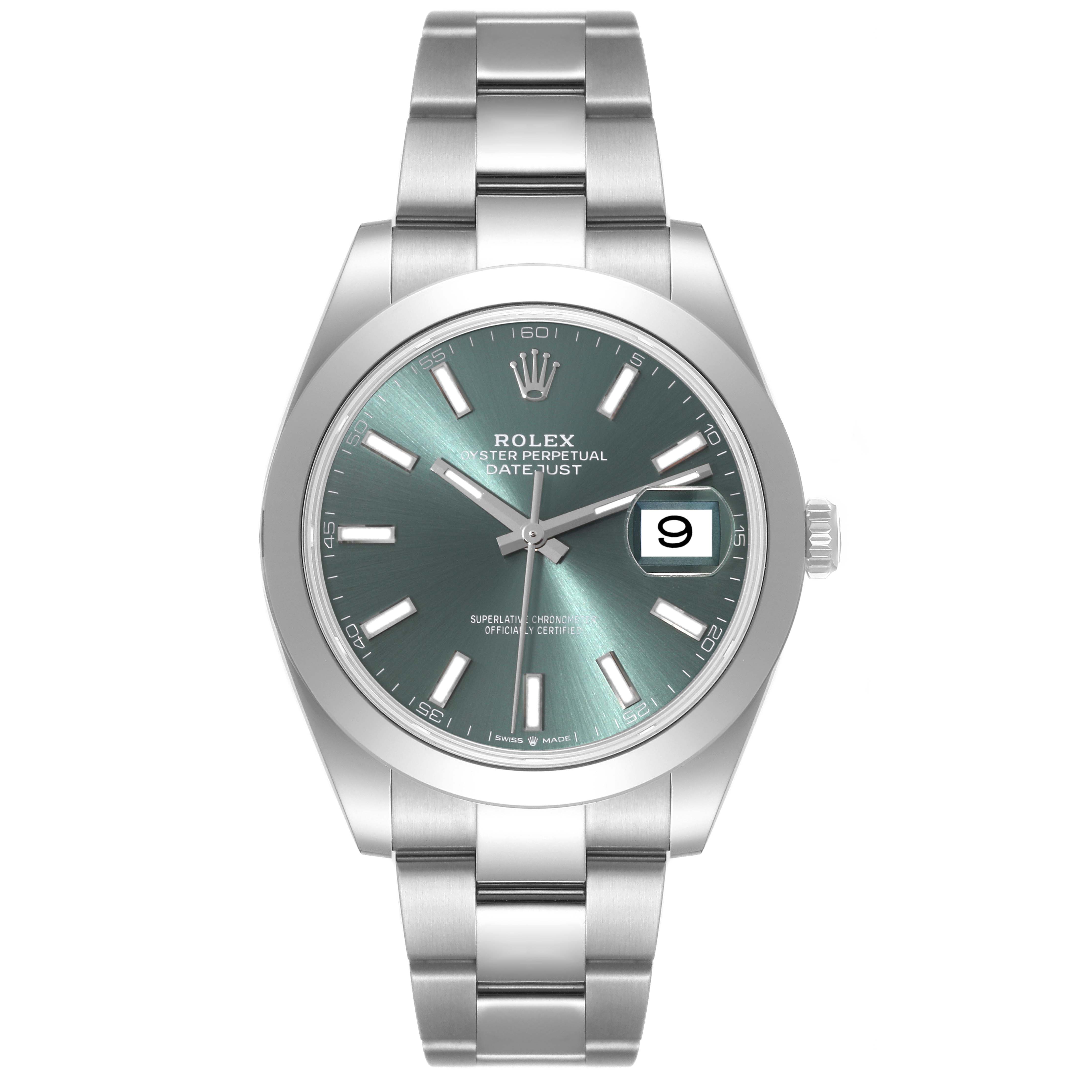 This image shows a front view of a Rolex Datejust 41 126300 Men's Stainless Steel Green Dial 126300 Men's Stainless Steel Green Dial watch, displaying its dial, bracelet, and date window.