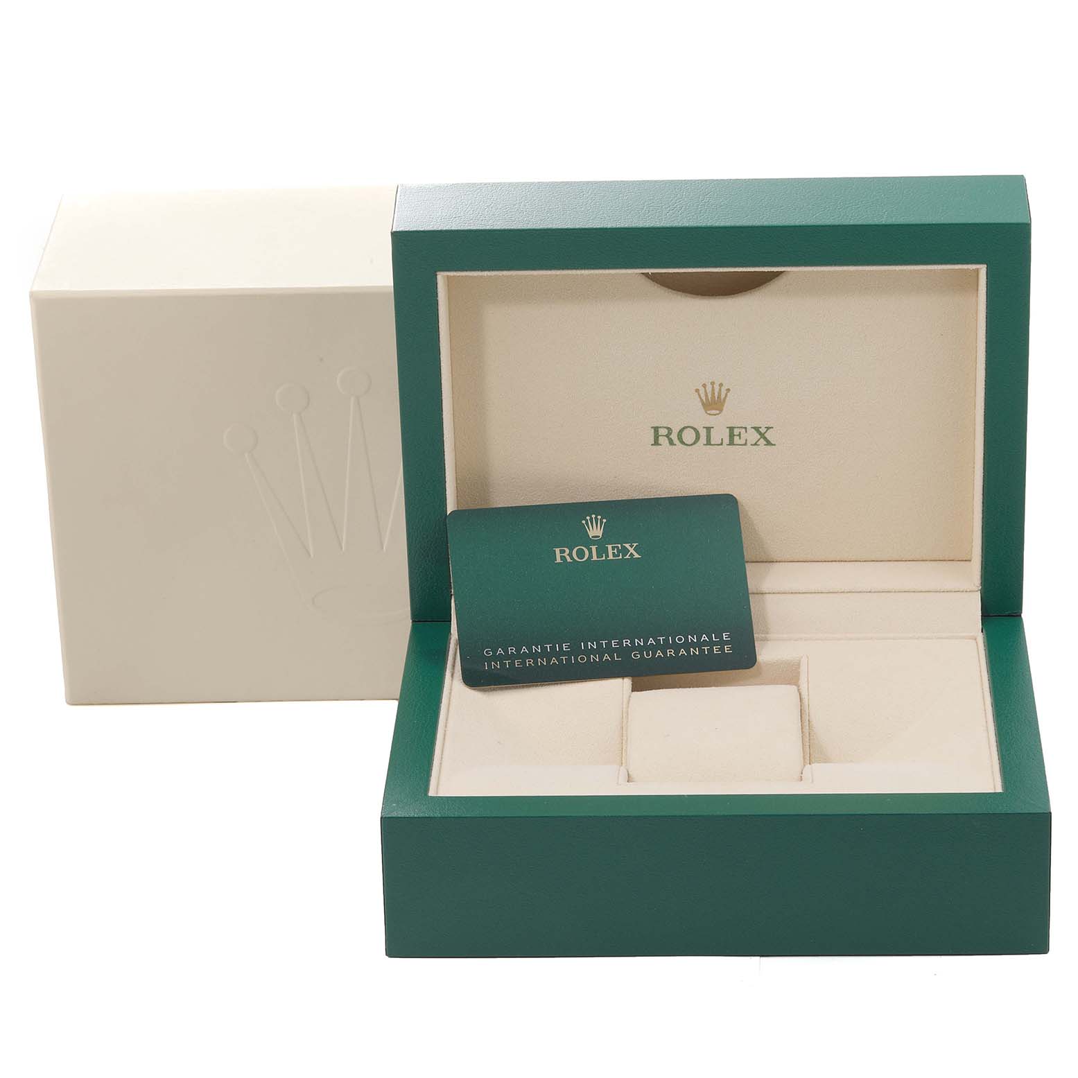 The image shows the open packaging box and international guarantee card for the Rolex Datejust 41 126300 Men's Stainless Steel Green Dial 126300 Men's Stainless Steel Green Dial model.