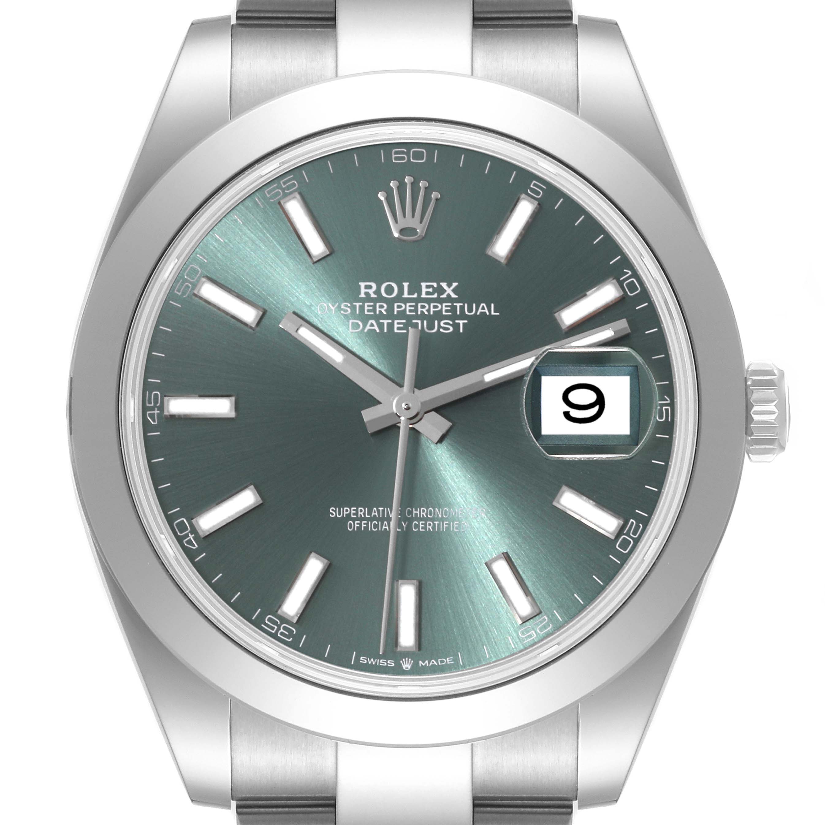 The image shows a front view of the Rolex Datejust 41 126300 Men's Stainless Steel Green Dial 126300 Men's Stainless Steel Green Dial with a silver dial, bezel, and a date window at 3 o’clock.