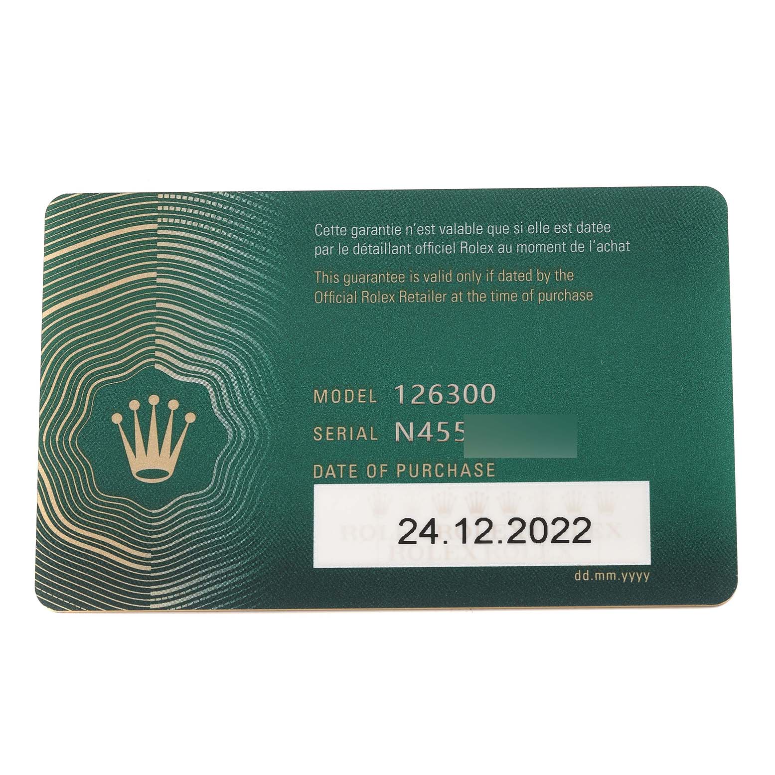 The image shows the warranty card for a Rolex Datejust 41 126300 Men's Stainless Steel Green Dial 126300 Men's Stainless Steel Green Dial model, including the model number, serial number, and date of purchase.