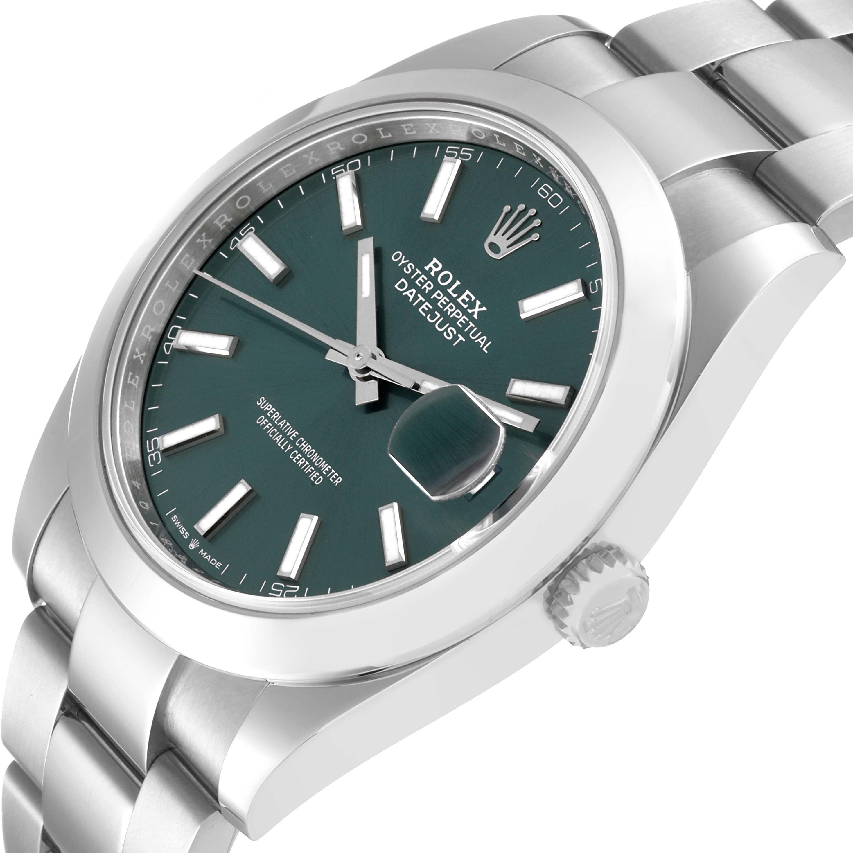 The image shows a Rolex Datejust 41 126300 Men's Stainless Steel Green Dial 126300 Men's Stainless Steel Green Dial watch at an oblique angle, highlighting the face, bezel, crown, and part of the bracelet.
