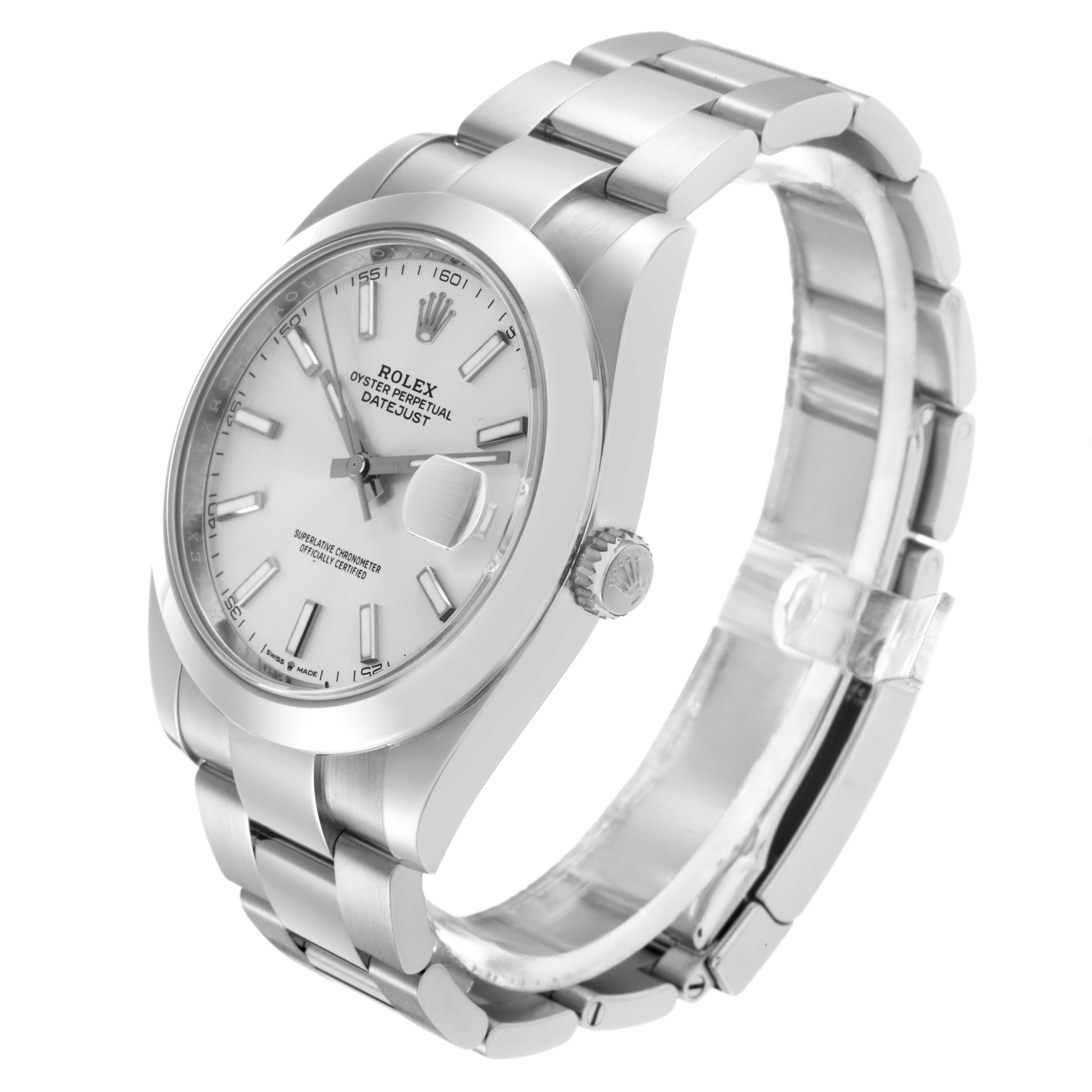 The Rolex Datejust 126300 Men
s Stainless Steel Silver Dial 126300 Men
s Stainless Steel Silver Dial watch is shown at a three-quarter angle, displaying the dial, case, bracelet, and crown.
