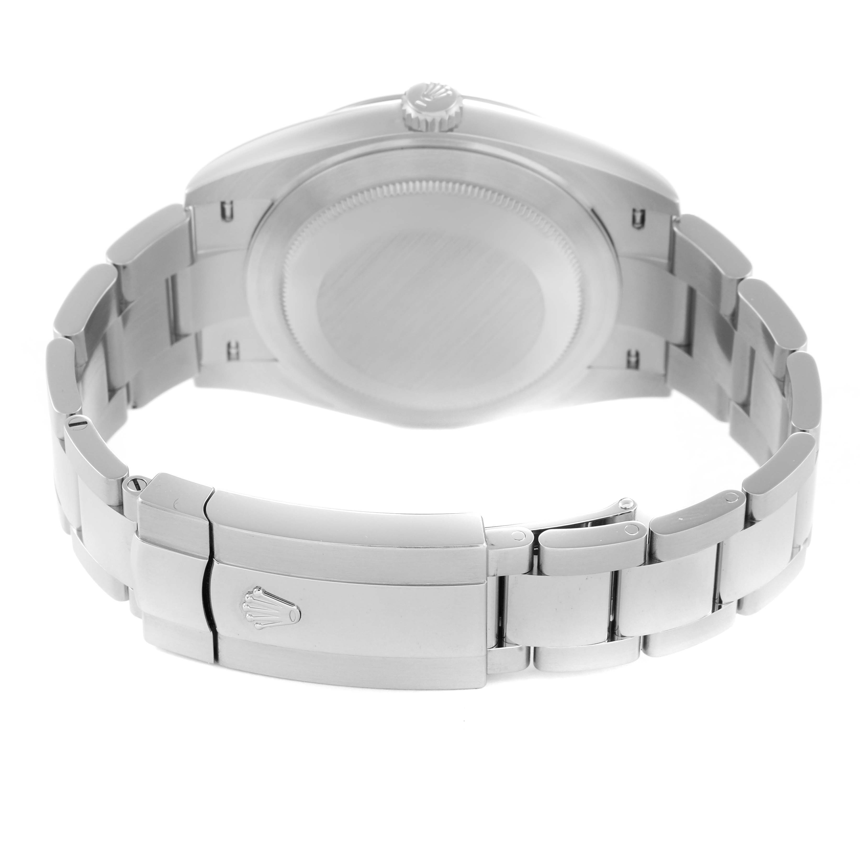 The image shows the back view of a Rolex Datejust 126300 Men
s Stainless Steel Silver Dial 126300 Men
s Stainless Steel Silver Dial watch, highlighting the clasp and bracelet links.