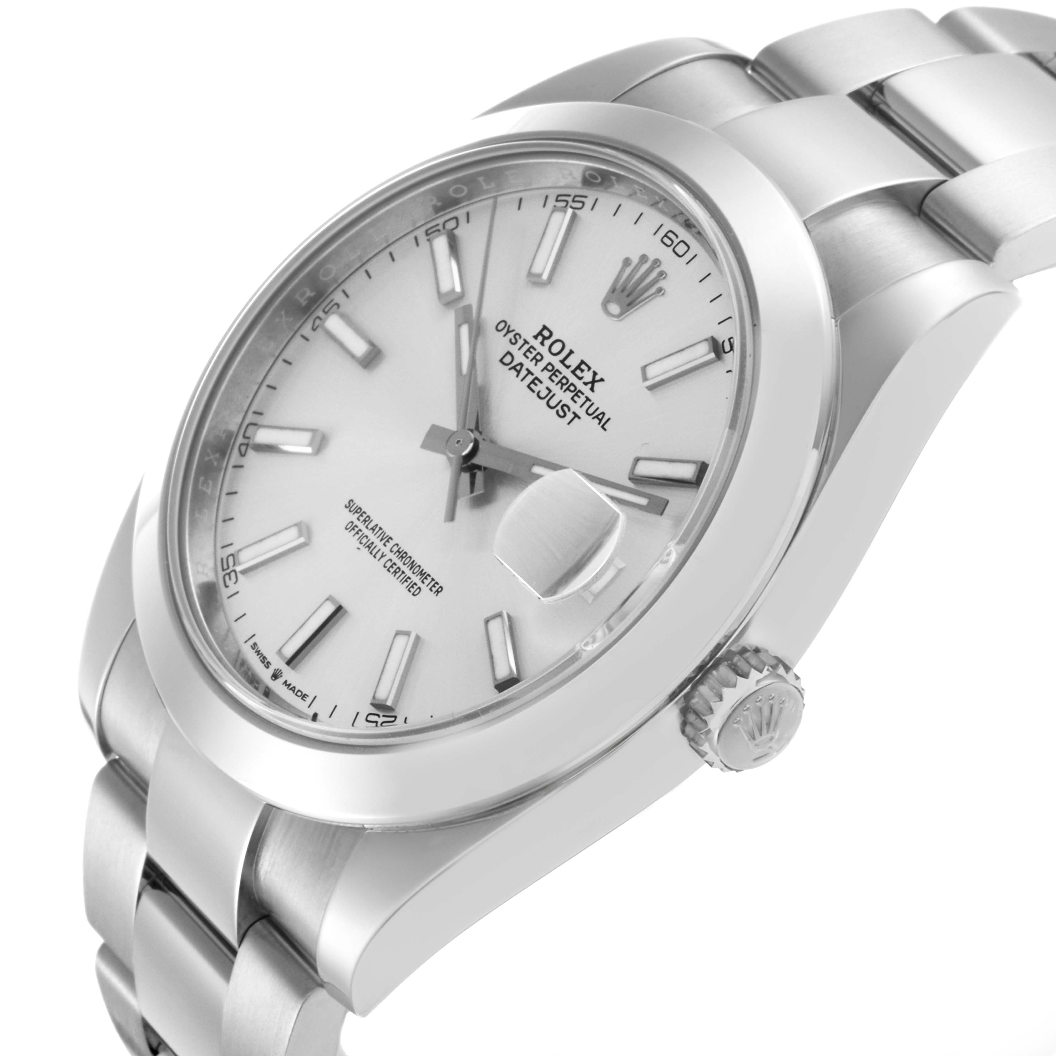 The Rolex Datejust 126300 Men
s Stainless Steel Silver Dial 126300 Men
s Stainless Steel Silver Dial watch is shown at an angle emphasizing the dial, bezel, bracelet, and crown.