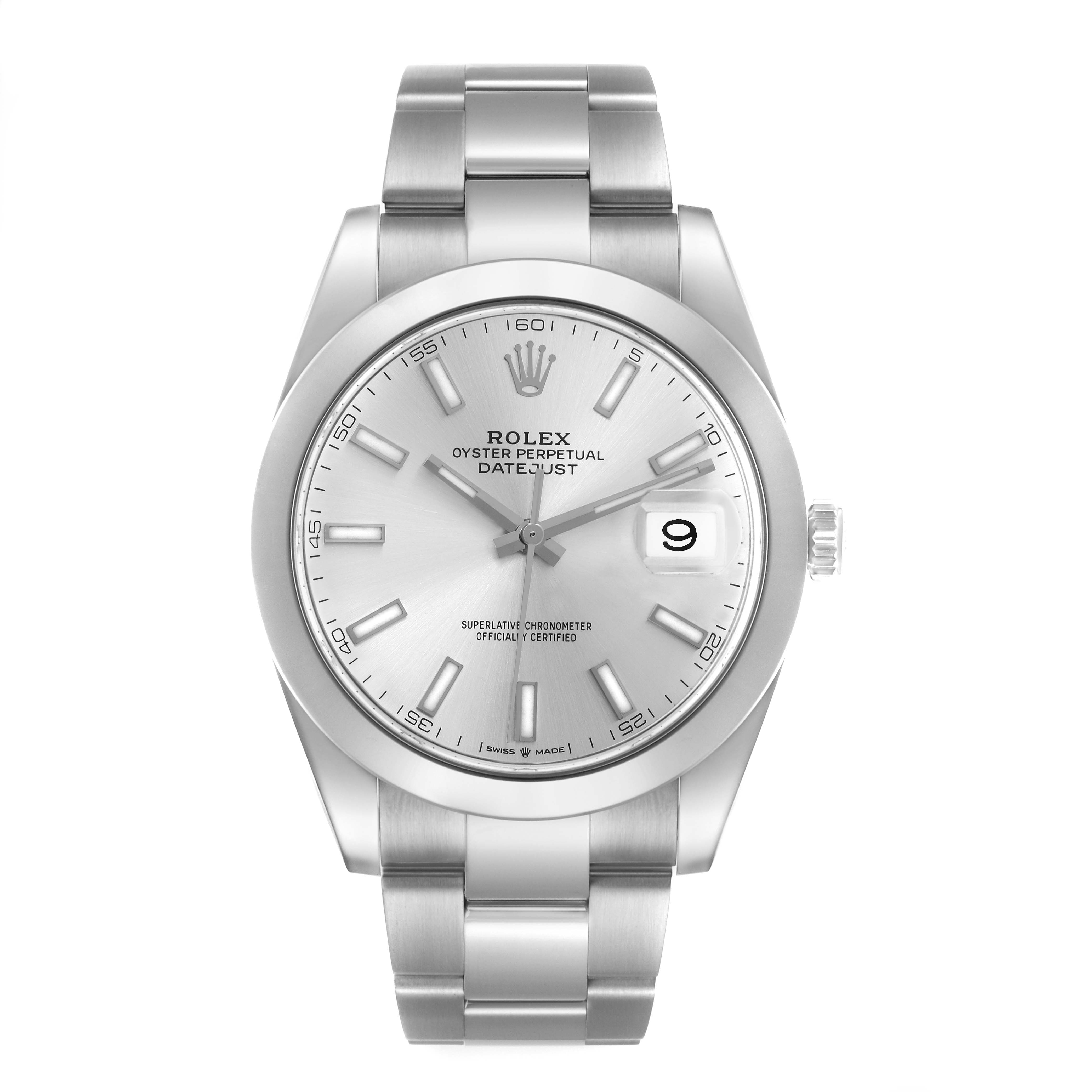 The Rolex Datejust 126300 Men
s Stainless Steel Silver Dial 126300 Men
s Stainless Steel Silver Dial watch is shown from a front angle, displaying the face, bezel, bracelet, and date window.