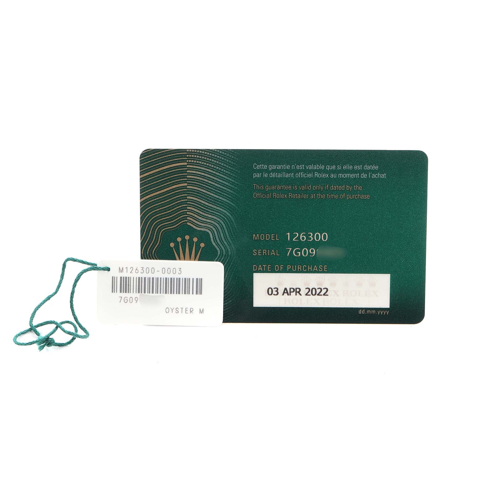 The image shows a warranty card and tag for a Rolex Datejust 126300 Men
s Stainless Steel Silver Dial 126300 Men
s Stainless Steel Silver Dial model 126300, displaying purchase details.