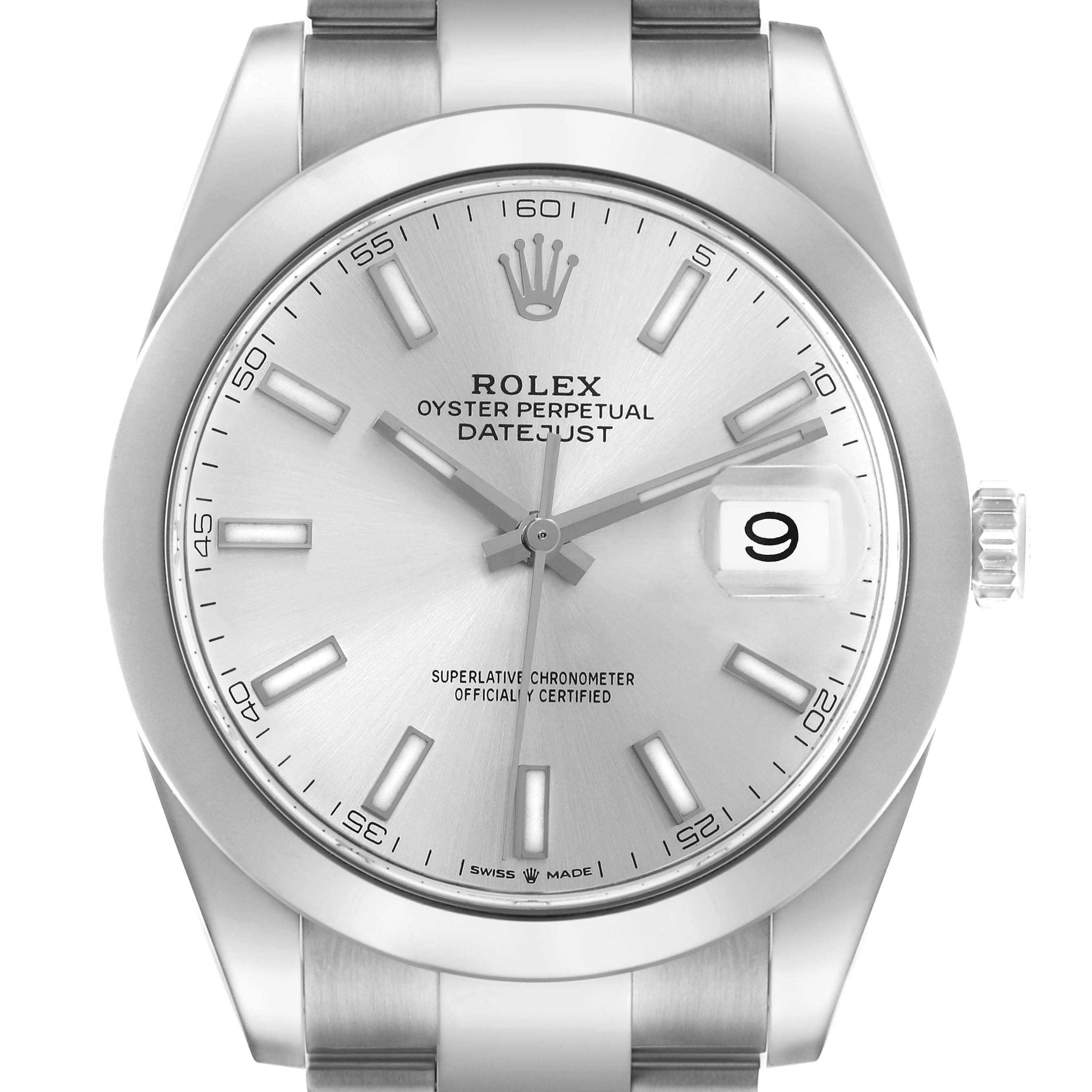 The image shows a front view of a Rolex Datejust 126300 Men
s Stainless Steel Silver Dial 126300 Men
s Stainless Steel Silver Dial watch, highlighting the dial, hands, bezel, and date magnifier.