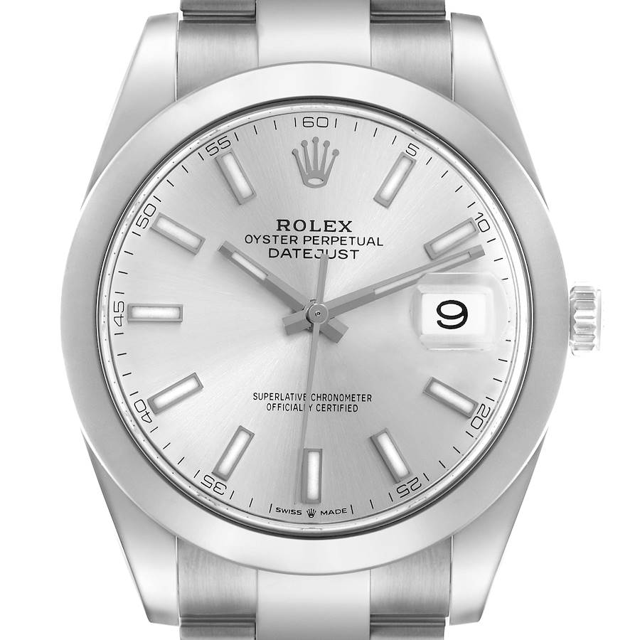 The image shows a front view of a Rolex Datejust watch, highlighting the dial, hands, bezel, and date magnifier.