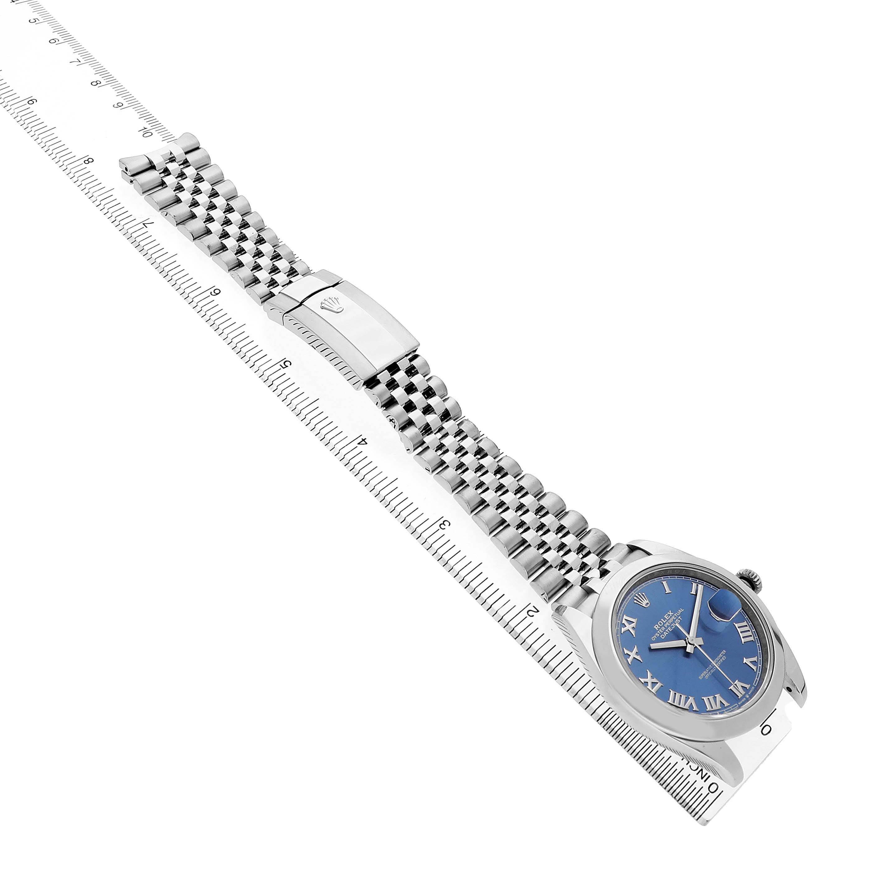 The Rolex Datejust 41 126300 Men's Stainless Steel Blue Dial watch is shown at a diagonal angle, featuring the face, bezel, and jubilee bracelet.