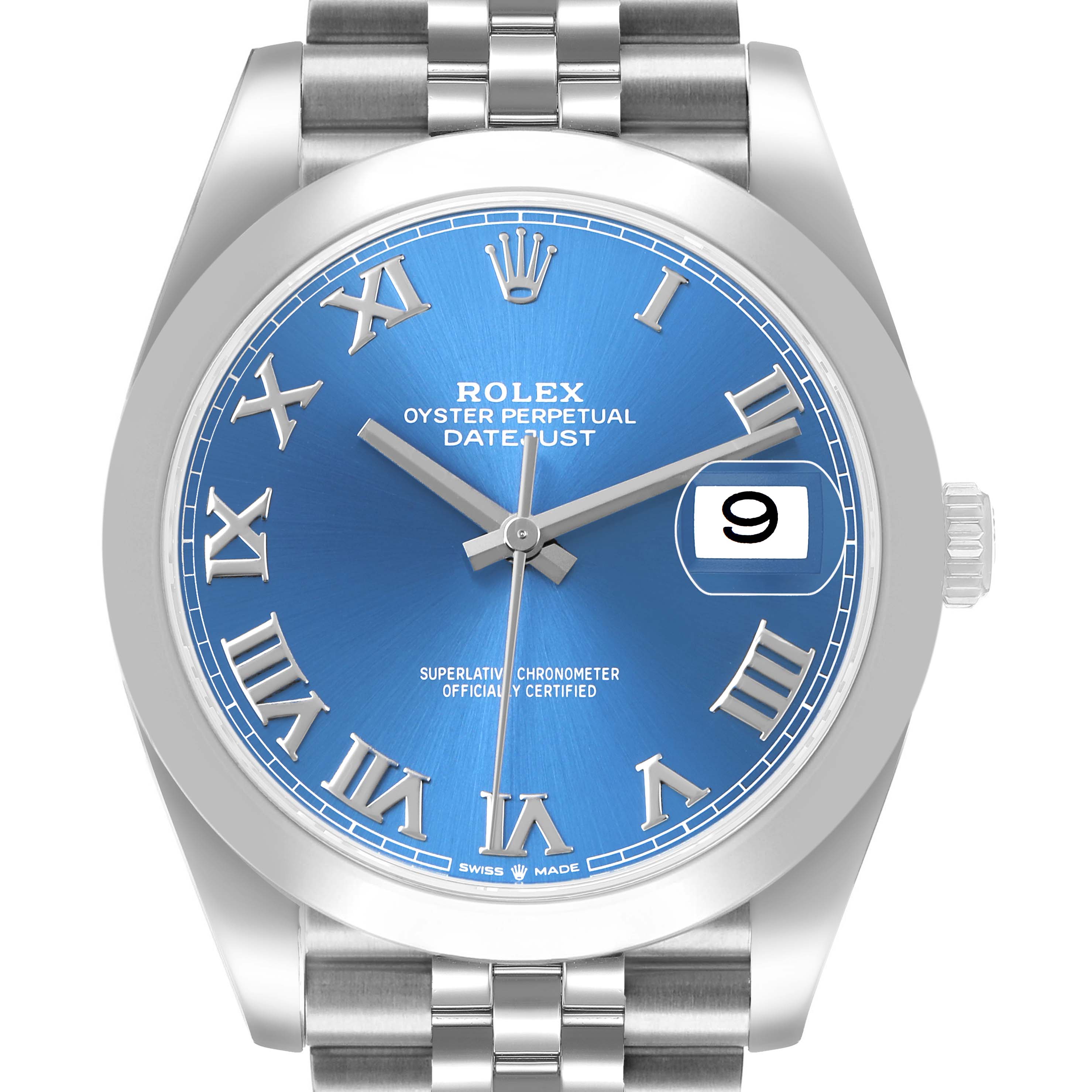 The Rolex Datejust 41 126300 Men's Stainless Steel Blue Dial is shown front-facing, highlighting its blue dial, Roman numerals, and date window at 3 o'clock.