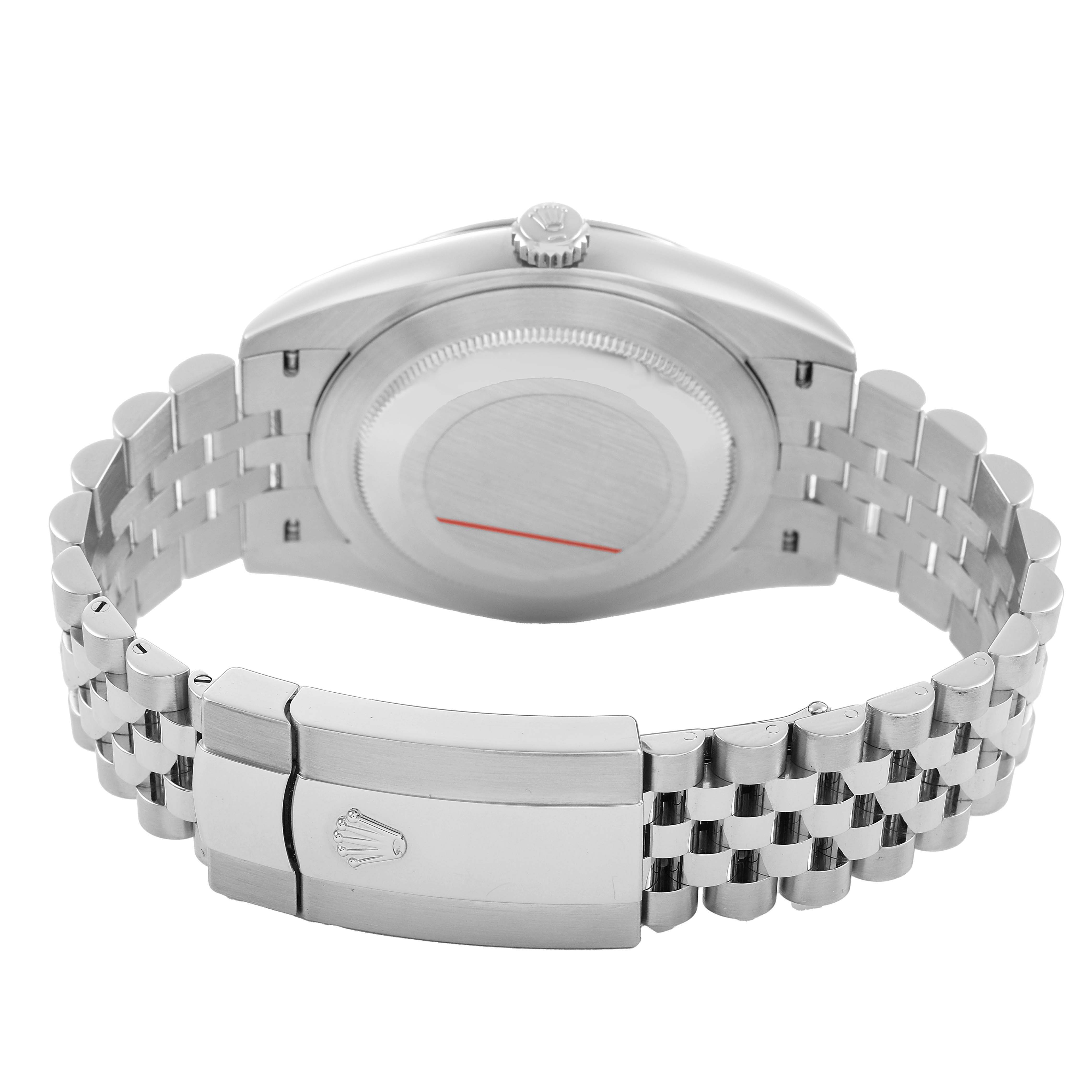 The image shows the back of the Rolex Datejust 41 126300 Men's Stainless Steel Blue Dial, highlighting the case back, crown, and Jubilee bracelet clasp.