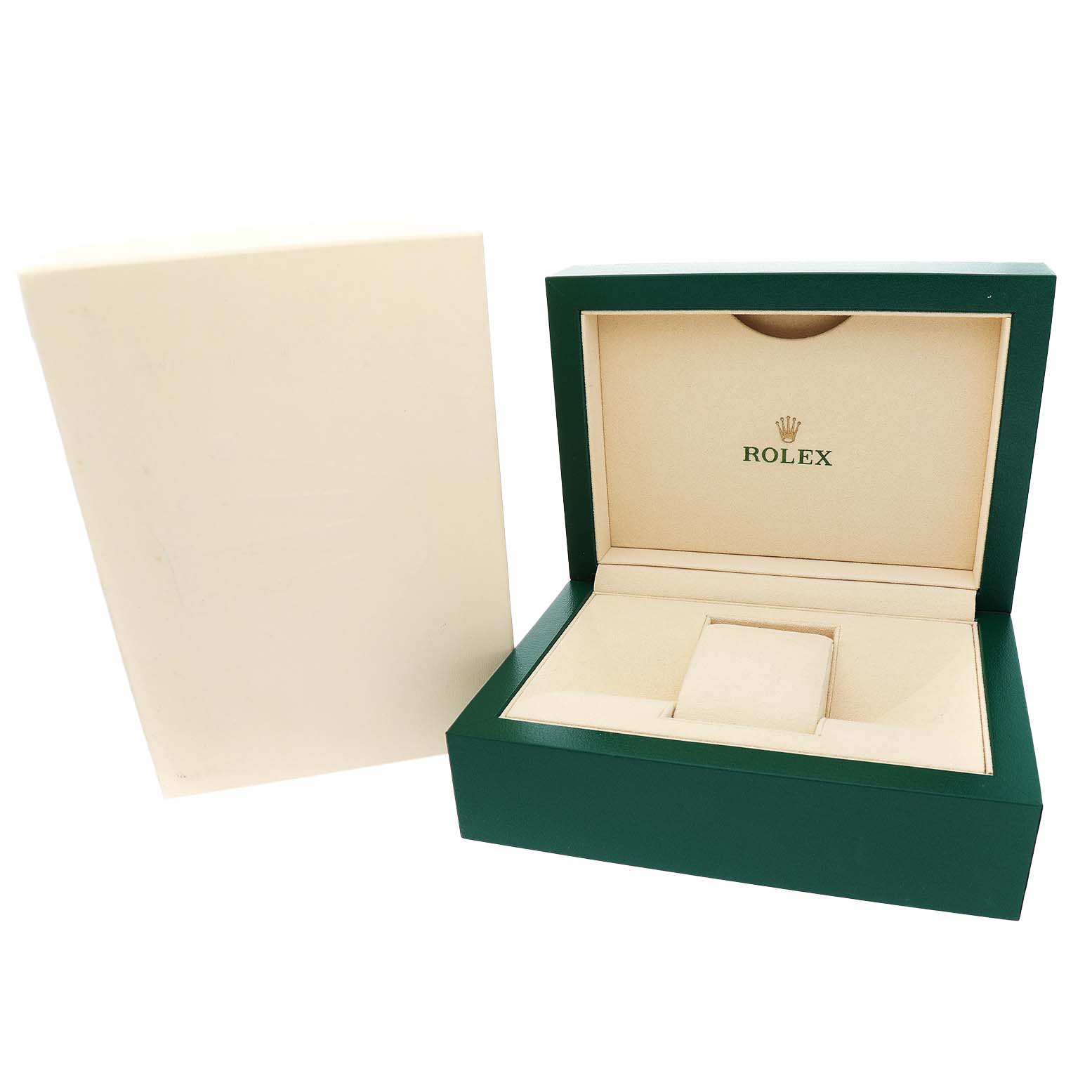 The image shows an open Rolex Datejust 41 126300 Men's Stainless Steel Blue Dial watch box with beige interior and green exterior.