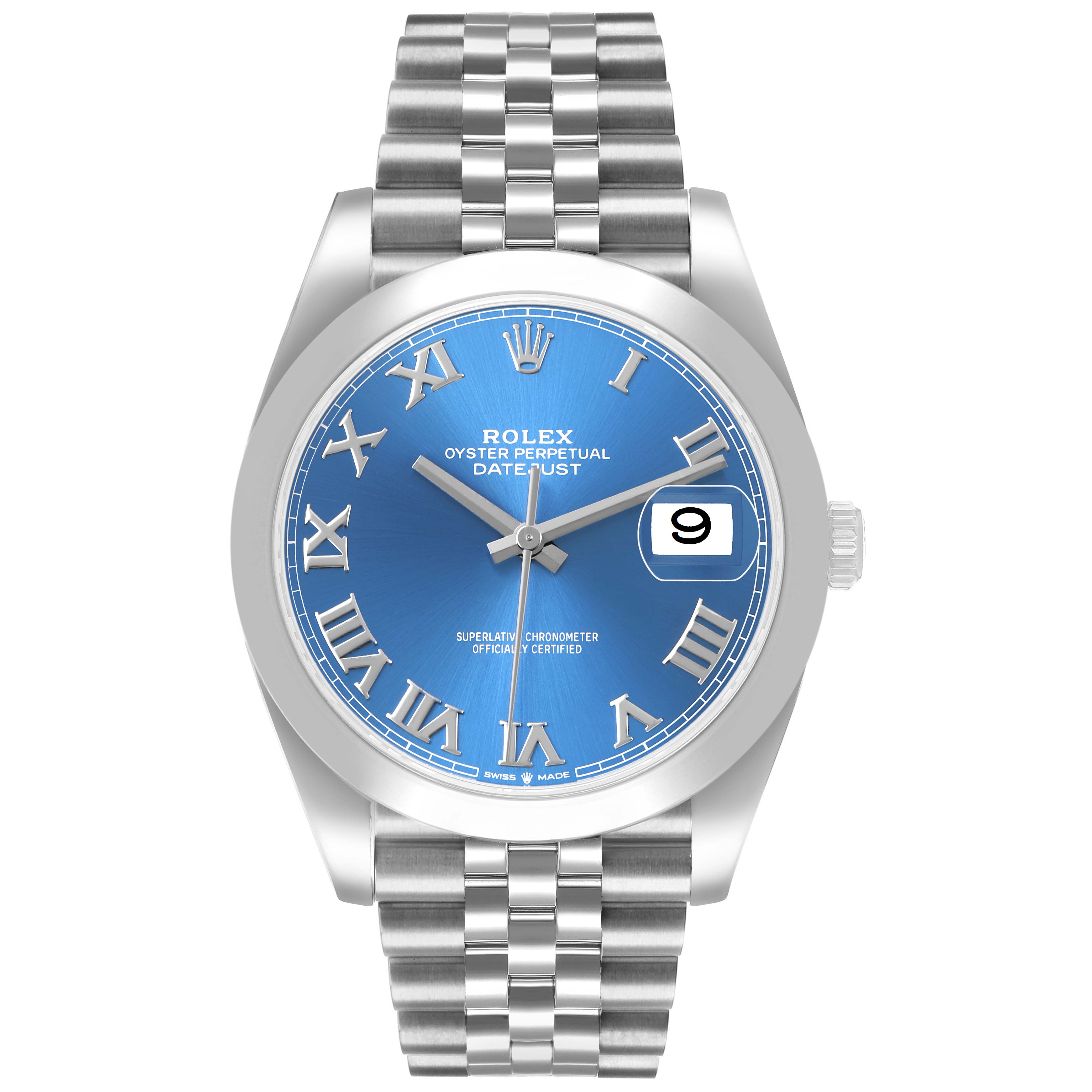 The Rolex Datejust 41 126300 Men's Stainless Steel Blue Dial watch is shown from a front view highlighting the blue dial, Roman numerals, and Jubilee bracelet.