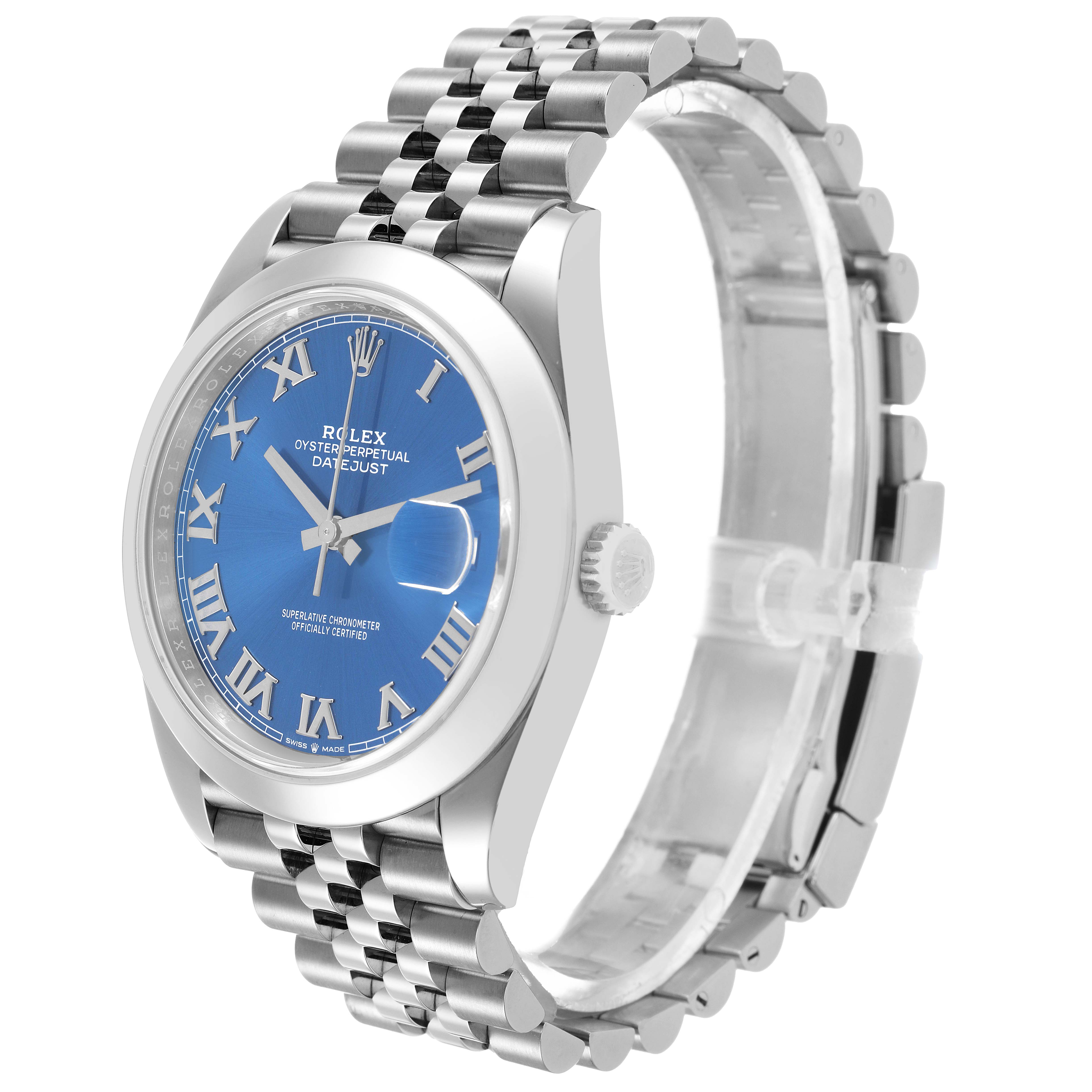 The Rolex Datejust 41 126300 Men's Stainless Steel Blue Dial is shown at a slight angle, highlighting the blue dial, Roman numerals, bezel, crown, and Jubilee bracelet.