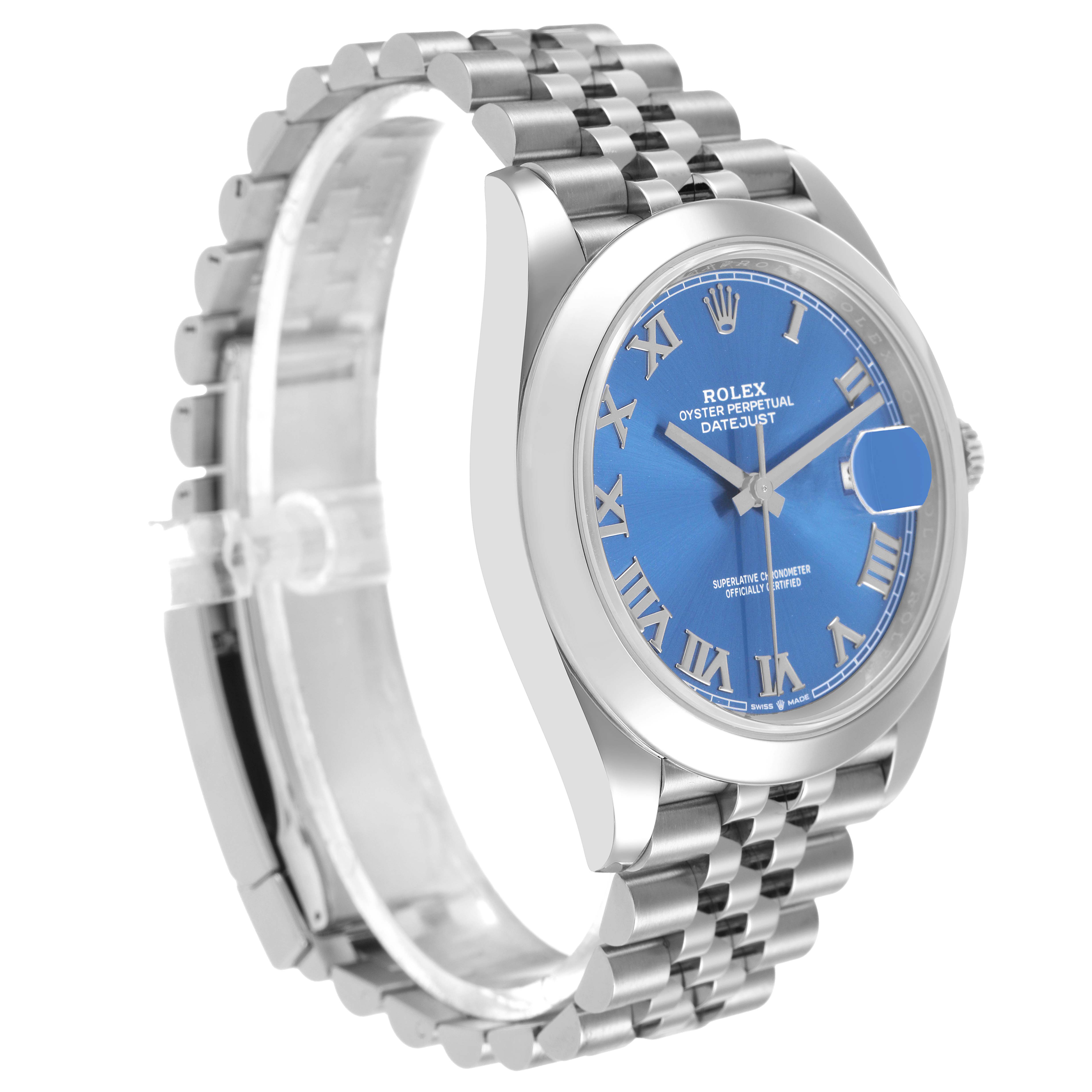 The Rolex Datejust 41 126300 Men's Stainless Steel Blue Dial watch is displayed from a front angle, showing the face, case, and part of the bracelet.