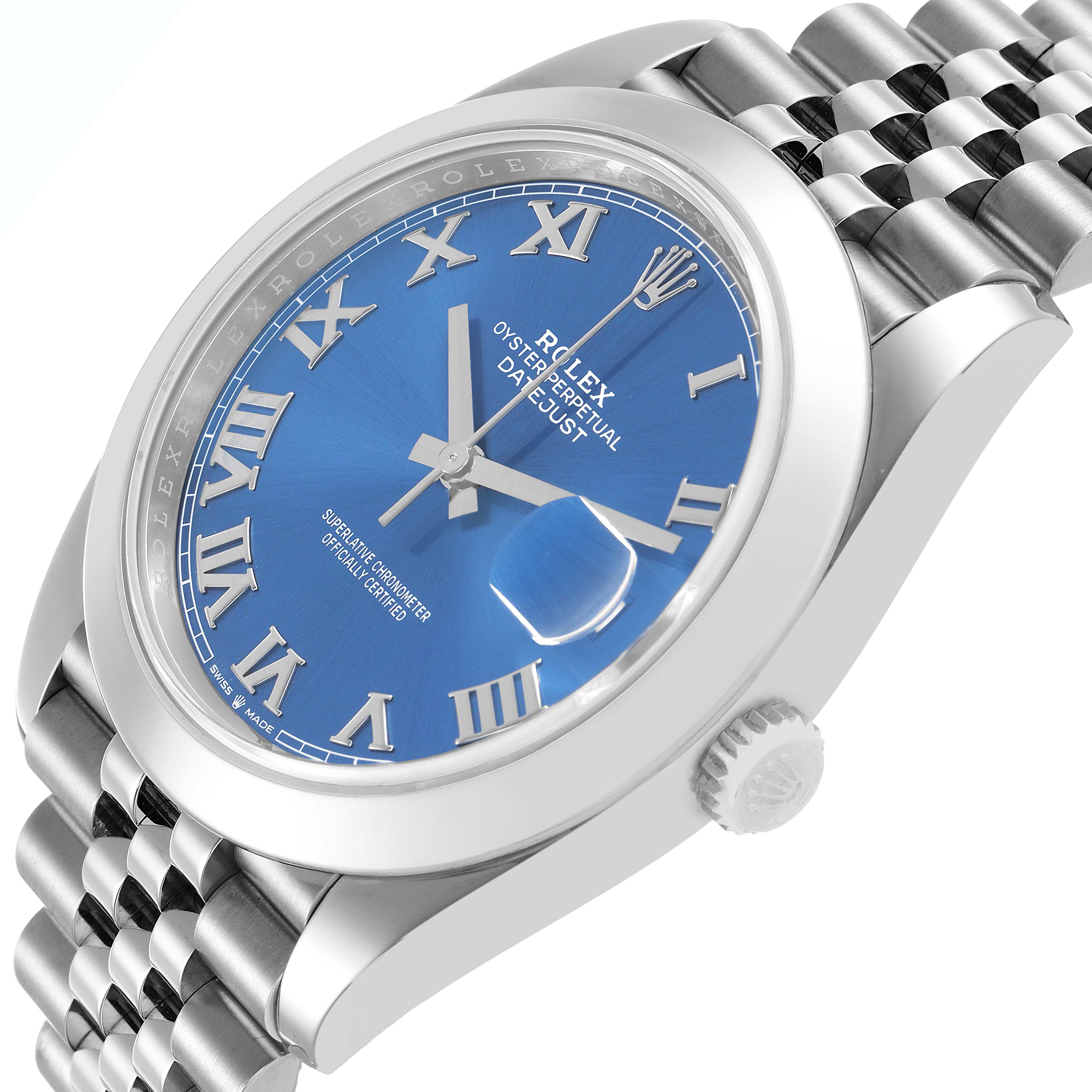 The Rolex Datejust 41 126300 Men's Stainless Steel Blue Dial is shown at an angled close-up, highlighting the blue dial, Roman numerals, bezel, and part of the bracelet.