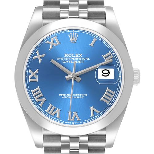 The Rolex Datejust 41 126300 Men's Stainless Steel Blue Dial is shown from the front, highlighting its blue dial, Roman numerals, and stainless steel bracelet.