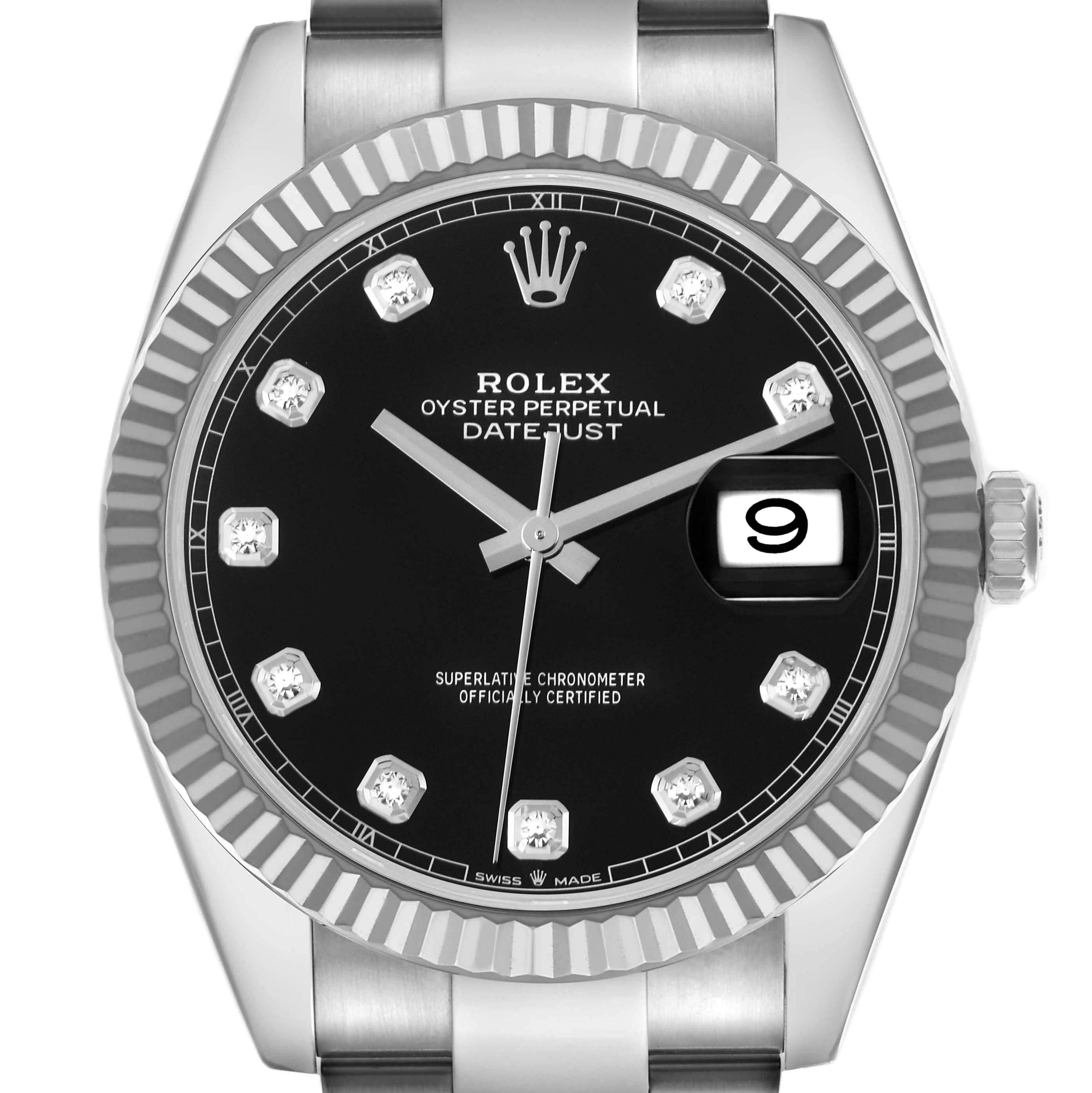 The image shows a front view of a Rolex Datejust, highlighting the dial, bezel, hands, markers, and date window.