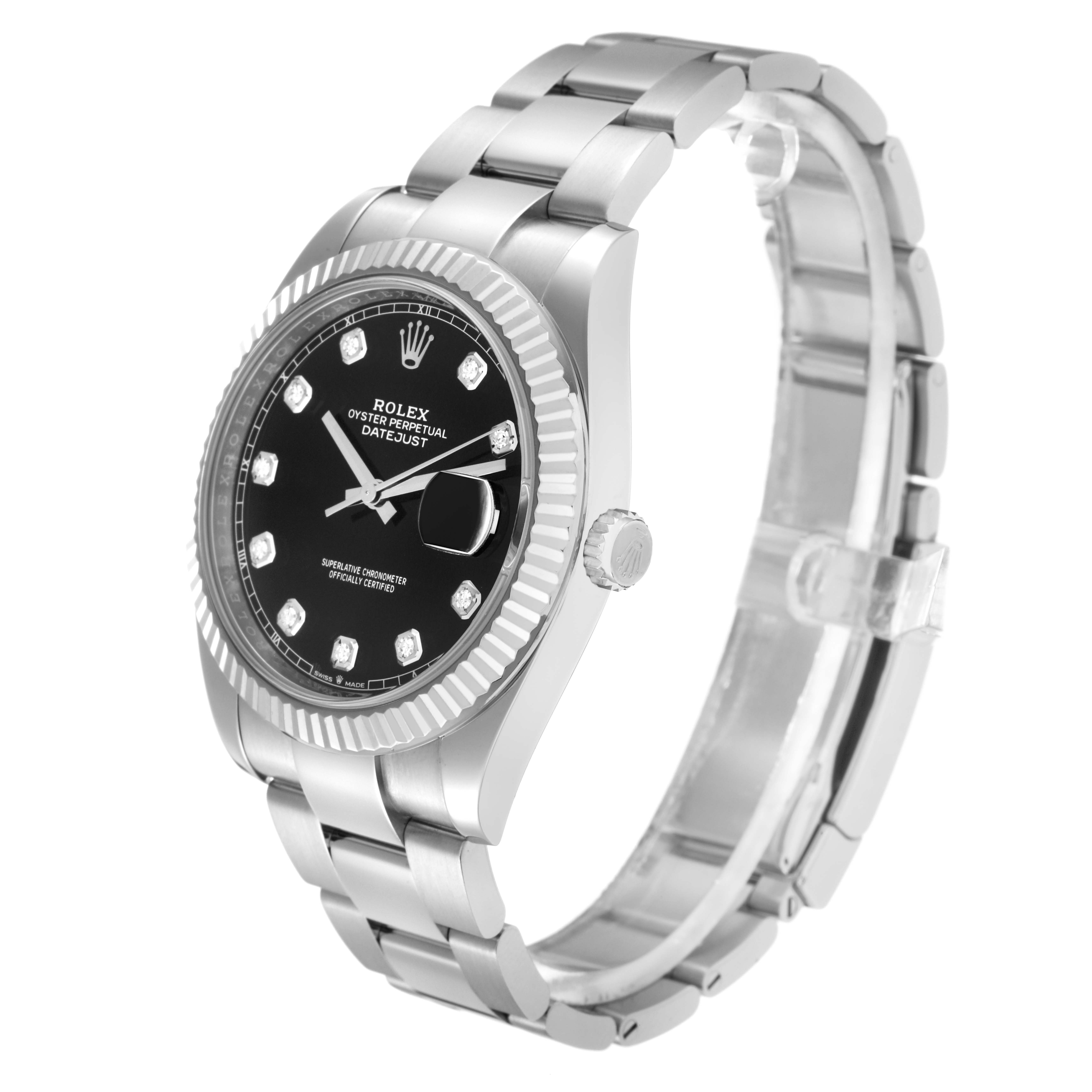The Rolex Datejust watch is shown at an angle highlighting its face, bezel, crown, and bracelet.