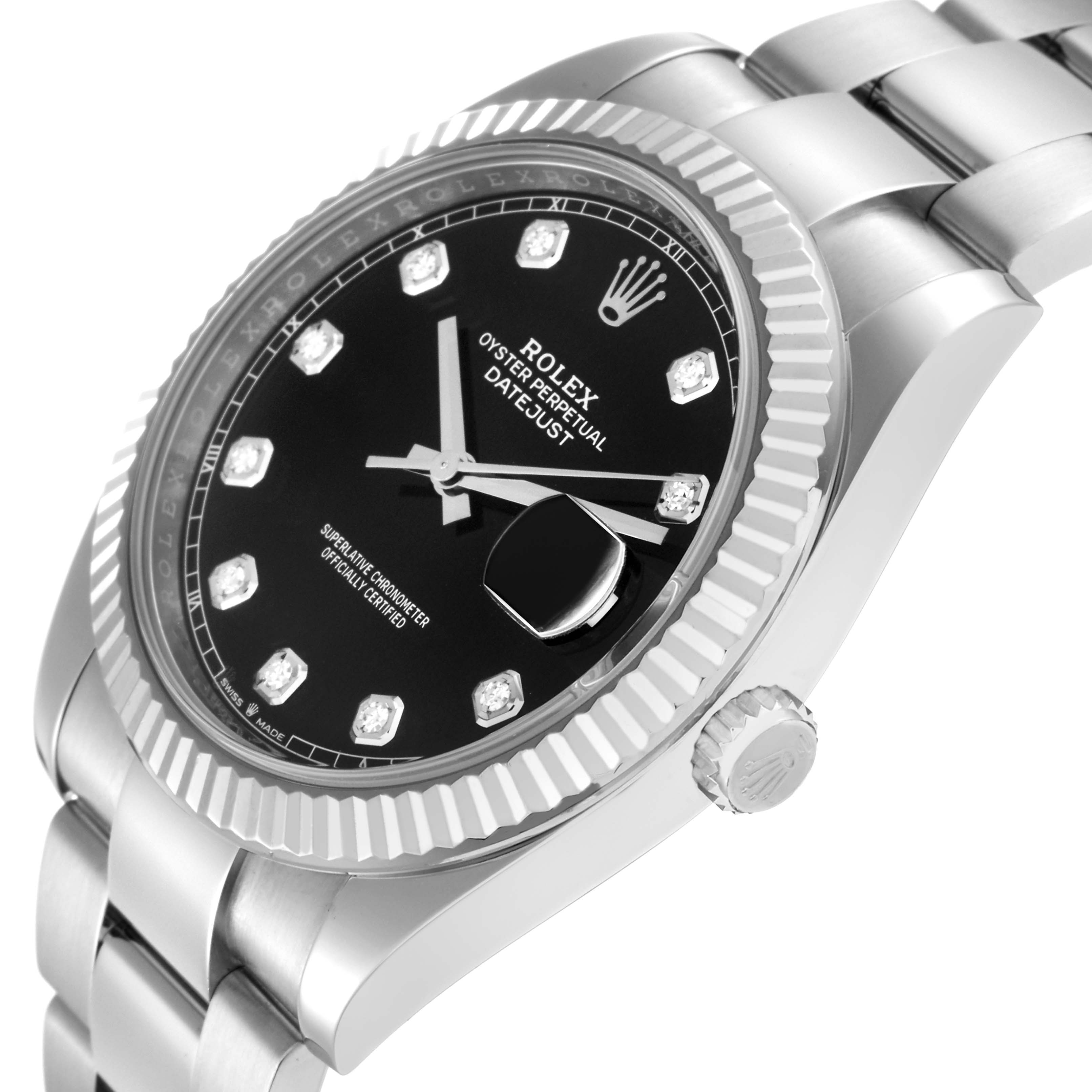 The Rolex Datejust watch is shown at a three-quarter angle, highlighting the face, bezel, crown, and part of the bracelet.
