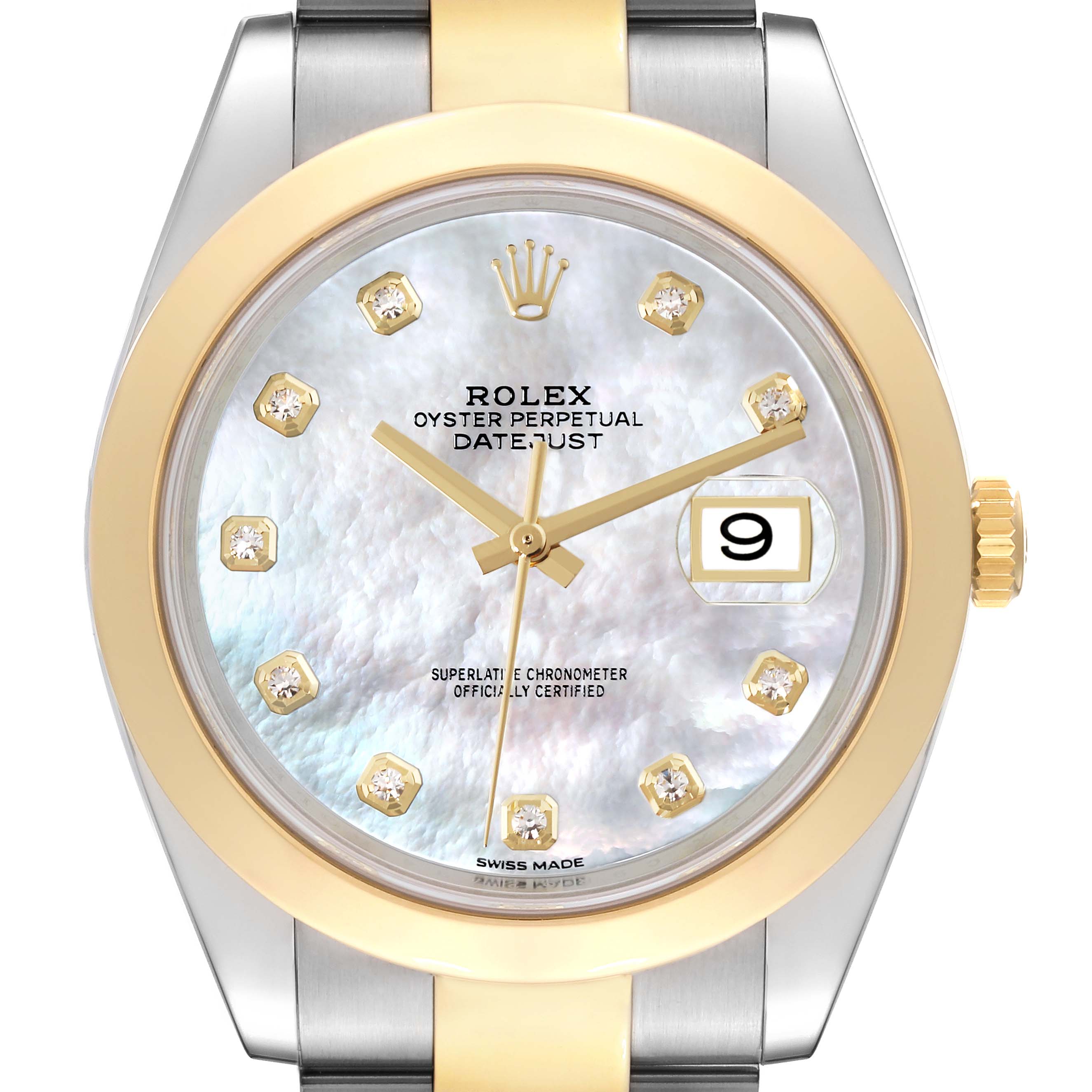 This image displays a frontal view of the Rolex Datejust 41 126303 Men's Steel and Gold (two tone) Mother of Pearl Dial 126303 Men's Steel and Gold (two tone) Mother of Pearl Dial watch, highlighting its dial, bezel, hands, and crown.