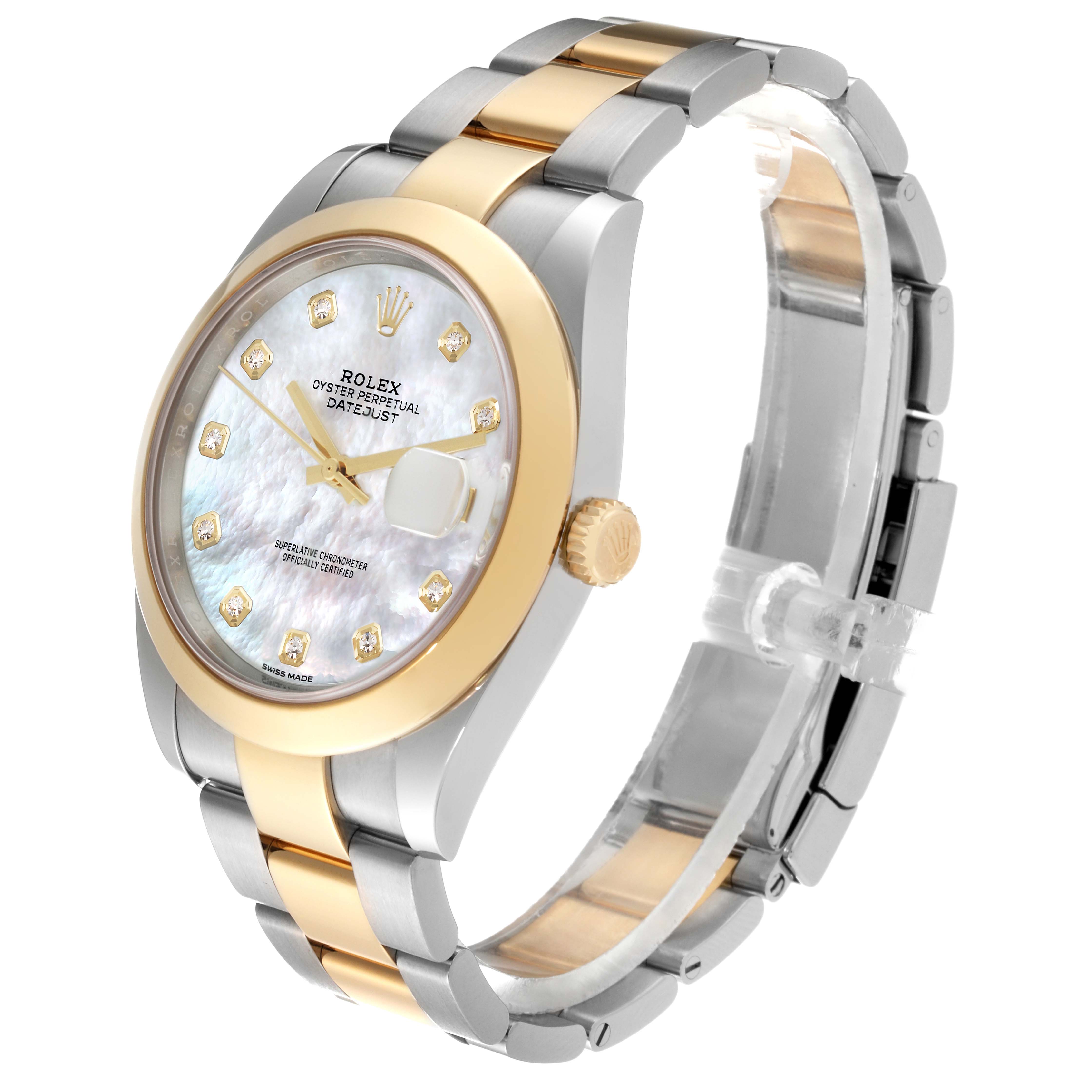 This image shows a Rolex Datejust 41 126303 Men's Steel and Gold (two tone) Mother of Pearl Dial 126303 Men's Steel and Gold (two tone) Mother of Pearl Dial watch from an angled perspective, highlighting its face, crown, and two-tone bracelet.