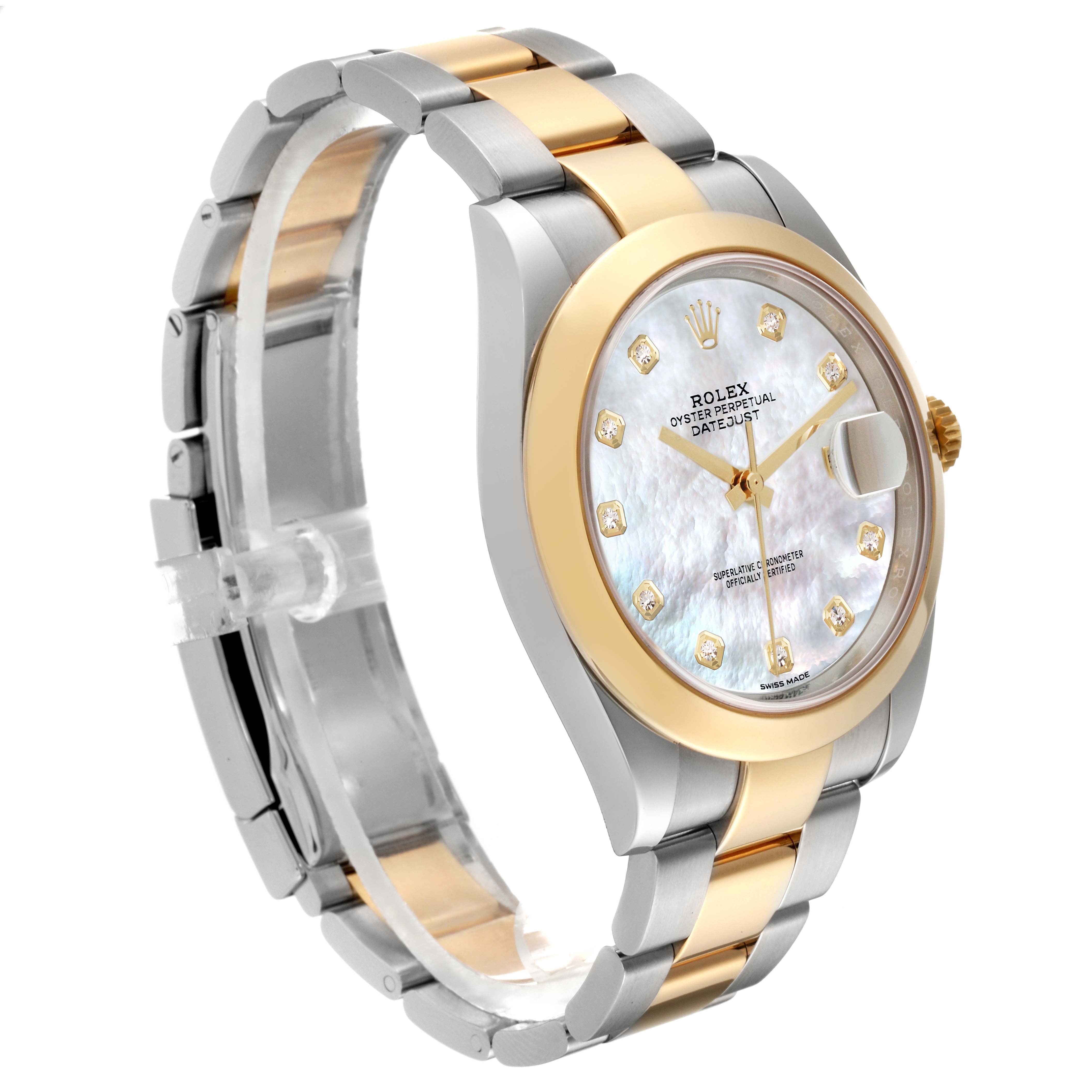 The Rolex Datejust 41 126303 Men's Steel and Gold (two tone) Mother of Pearl Dial 126303 Men's Steel and Gold (two tone) Mother of Pearl Dial watch is shown at an angle displaying the face, band, and part of the clasp.