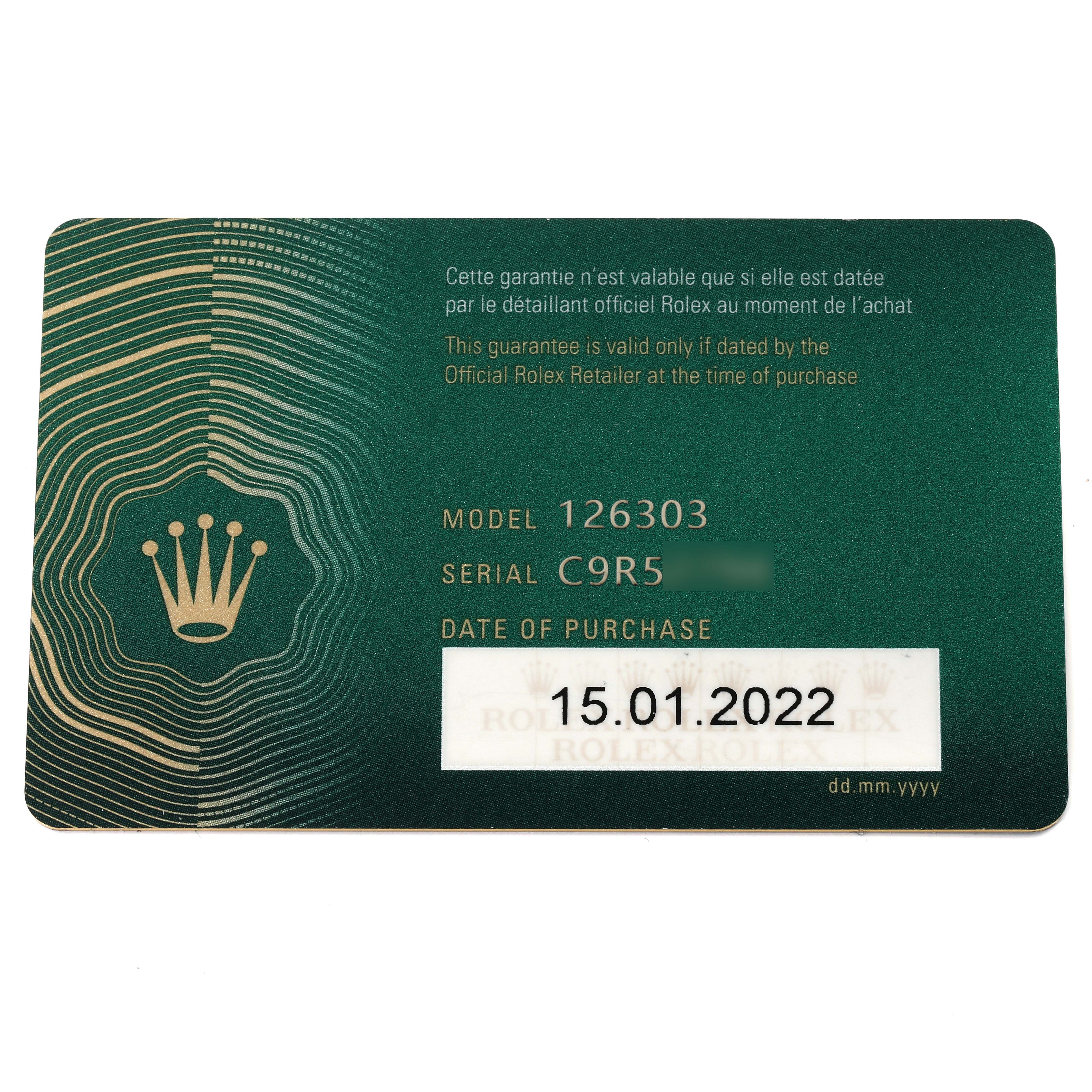 This image shows a warranty card for the Rolex Datejust 41 126303 Men's Steel and Gold (two tone) Mother of Pearl Dial 126303 Men's Steel and Gold (two tone) Mother of Pearl Dial model 126303, displaying the serial number and purchase date.