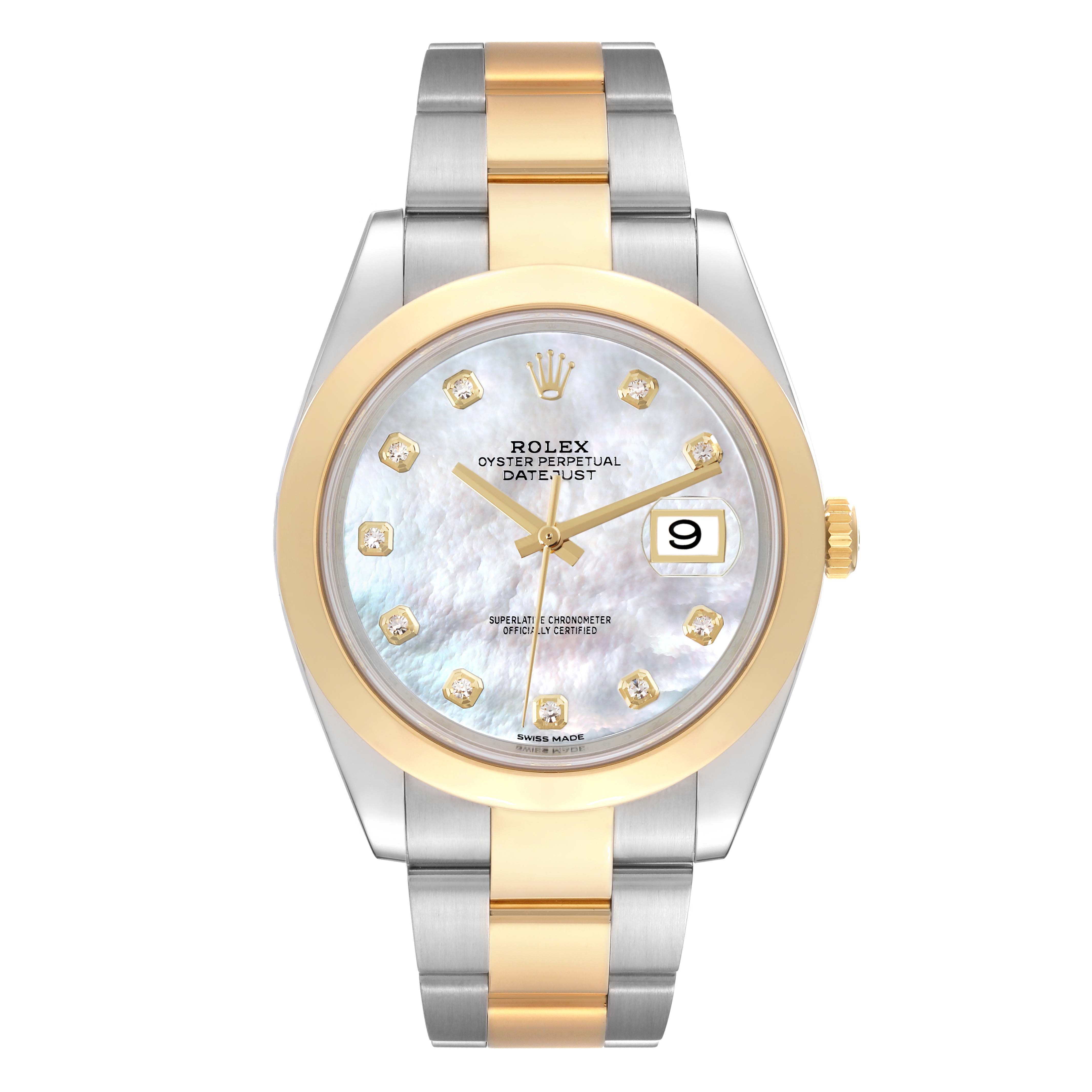 This image shows a frontal view of the Rolex Datejust 41 126303 Men's Steel and Gold (two tone) Mother of Pearl Dial 126303 Men's Steel and Gold (two tone) Mother of Pearl Dial watch with a two-tone bracelet and mother-of-pearl dial.