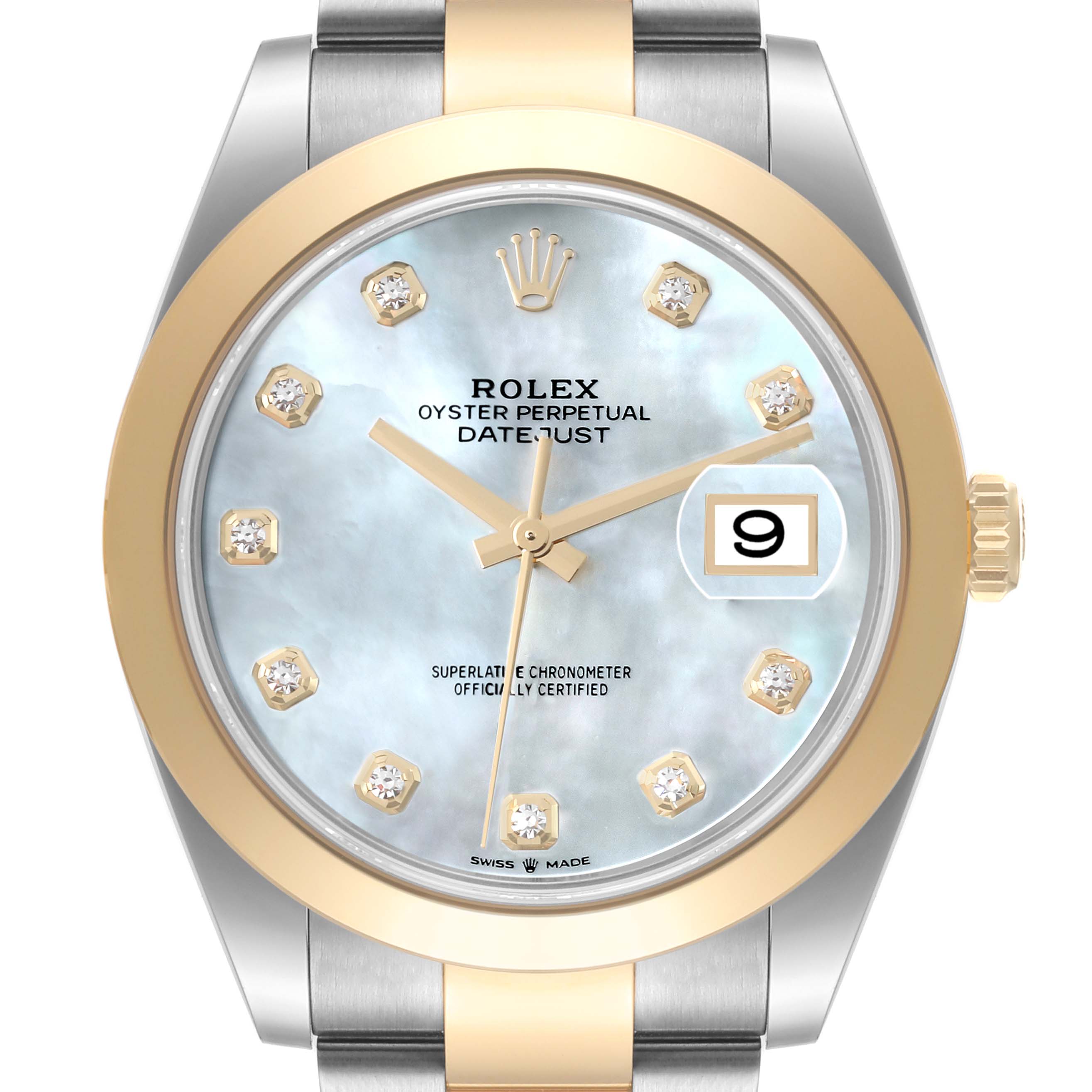 This is a front view of the Rolex Datejust 41 126303 Men's Steel and Gold (two tone) Mother of Pearl Dial 126303 Men's Steel and Gold (two tone) Mother of Pearl Dial showing the dial, bezel, hands, date window, and part of the bracelet.