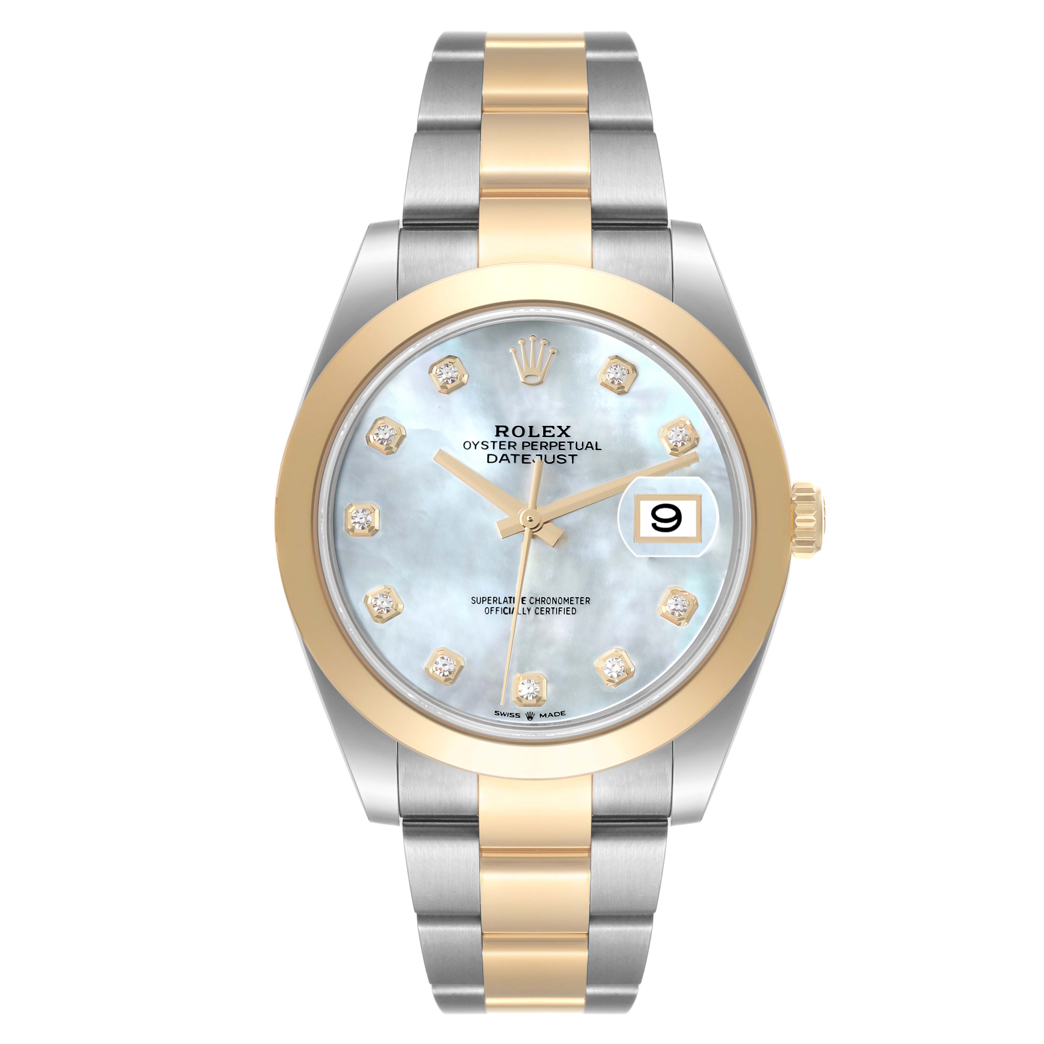The image shows a front view of a Rolex Datejust 41 126303 Men's Steel and Gold (two tone) Mother of Pearl Dial 126303 Men's Steel and Gold (two tone) Mother of Pearl Dial watch, highlighting its dial, bezel, and bracelet.