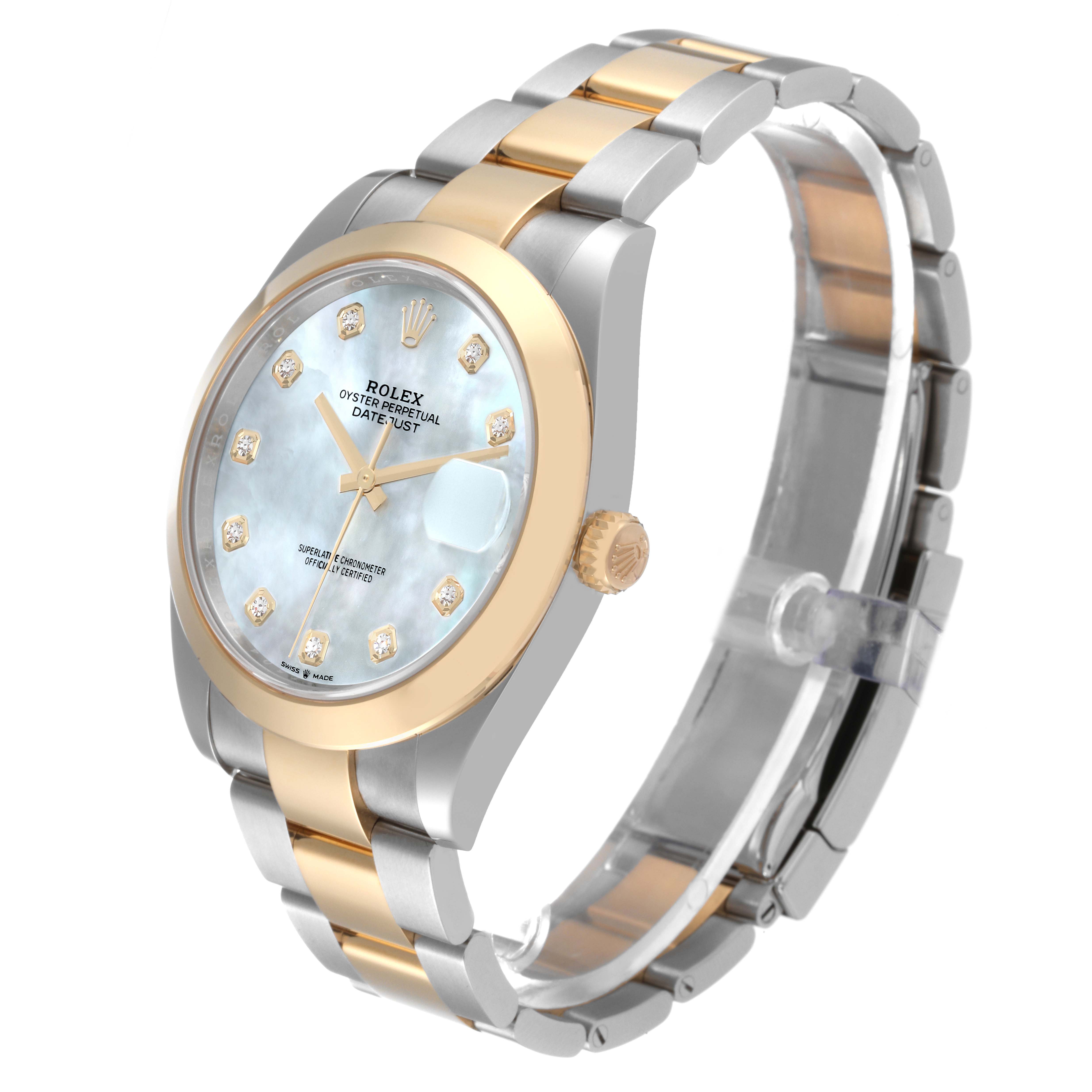 This image shows a Rolex Datejust 41 126303 Men's Steel and Gold (two tone) Mother of Pearl Dial 126303 Men's Steel and Gold (two tone) Mother of Pearl Dial watch from an angled side view, highlighting its bracelet, dial, and crown.