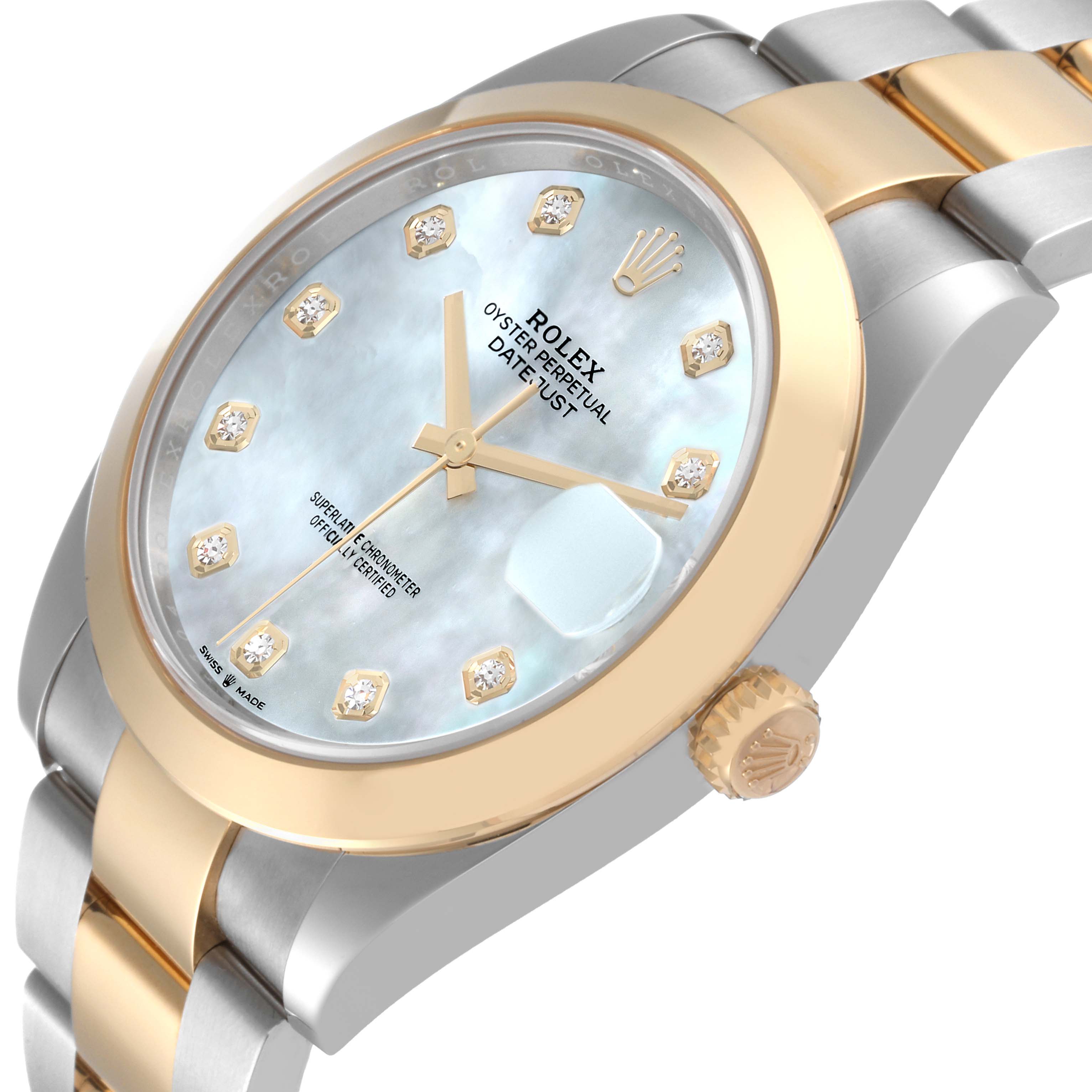 This image shows a close-up angled view of the Rolex Datejust 41 126303 Men's Steel and Gold (two tone) Mother of Pearl Dial 126303 Men's Steel and Gold (two tone) Mother of Pearl Dial, highlighting its dial, bezel, and part of the bracelet.