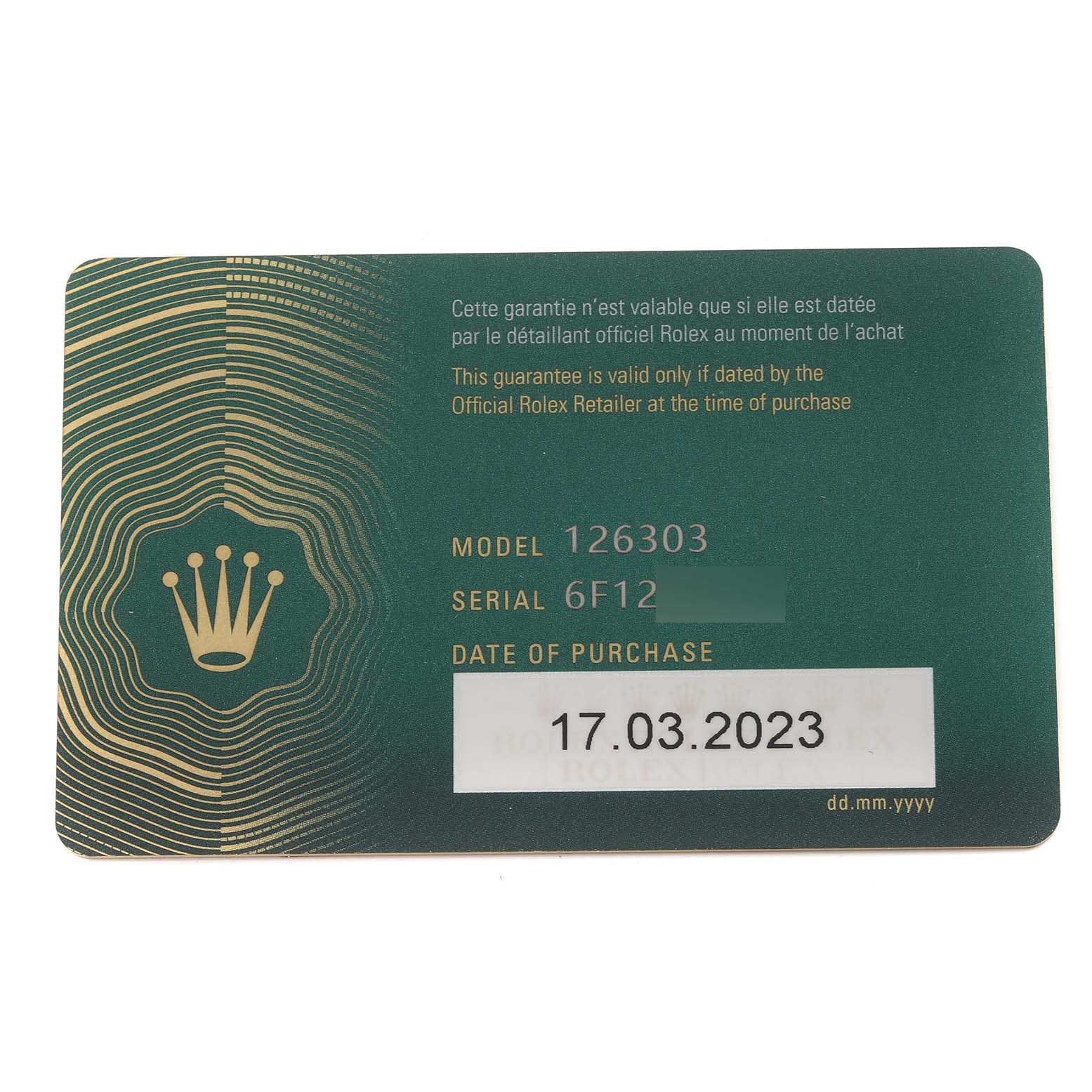 This image shows the warranty card for the Rolex Datejust 41 126303 Men's Steel and Gold (two tone) Mother of Pearl Dial 126303 Men's Steel and Gold (two tone) Mother of Pearl Dial model 126303, including the model, serial number, and purchase date.