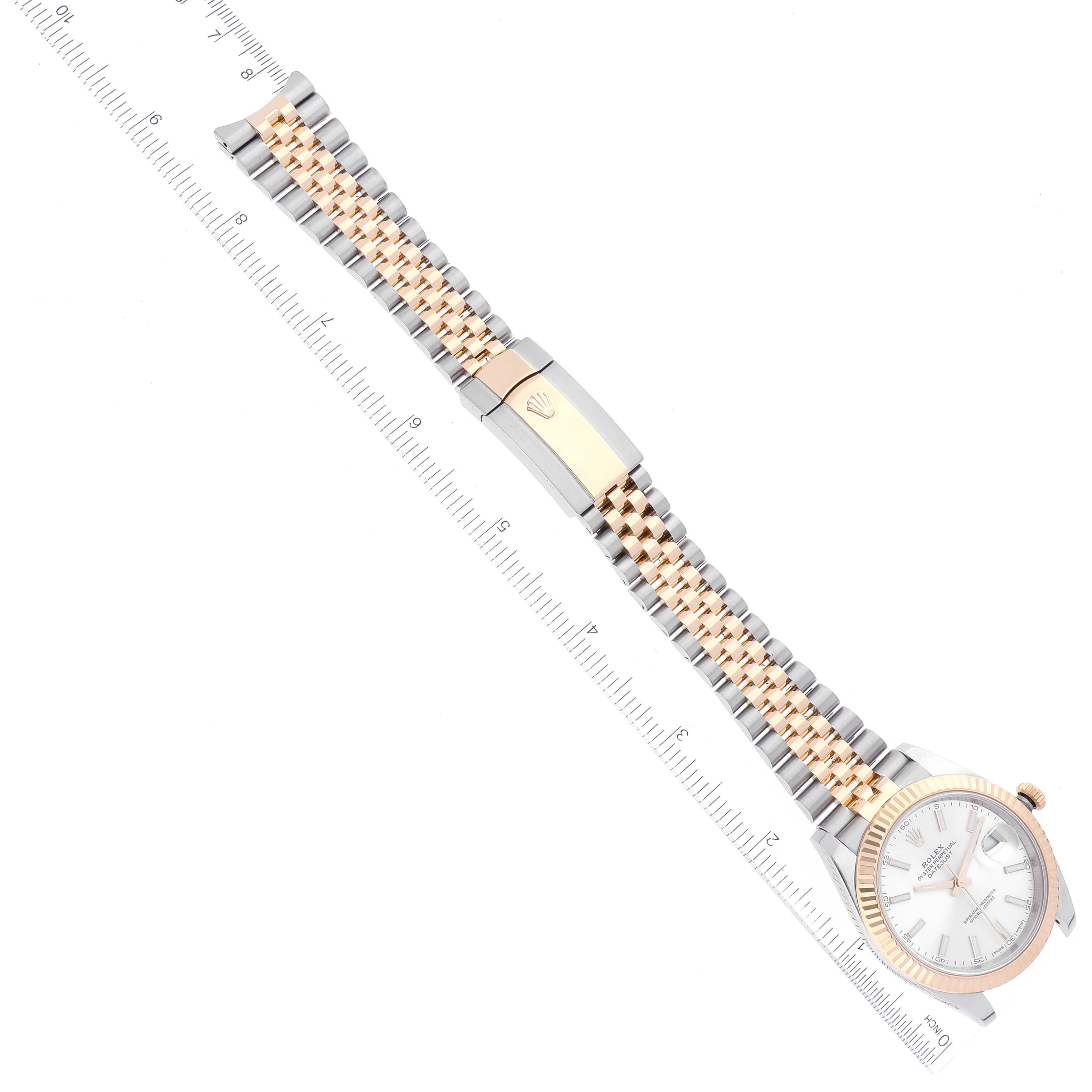 The image shows a top-down view of a Rolex Datejust 41 126333 Men's Steel and Gold (two tone) Silver Dial 126333 Men's Steel and Gold (two tone) Silver Dial, highlighting the dial, bezel, and two-tone bracelet.