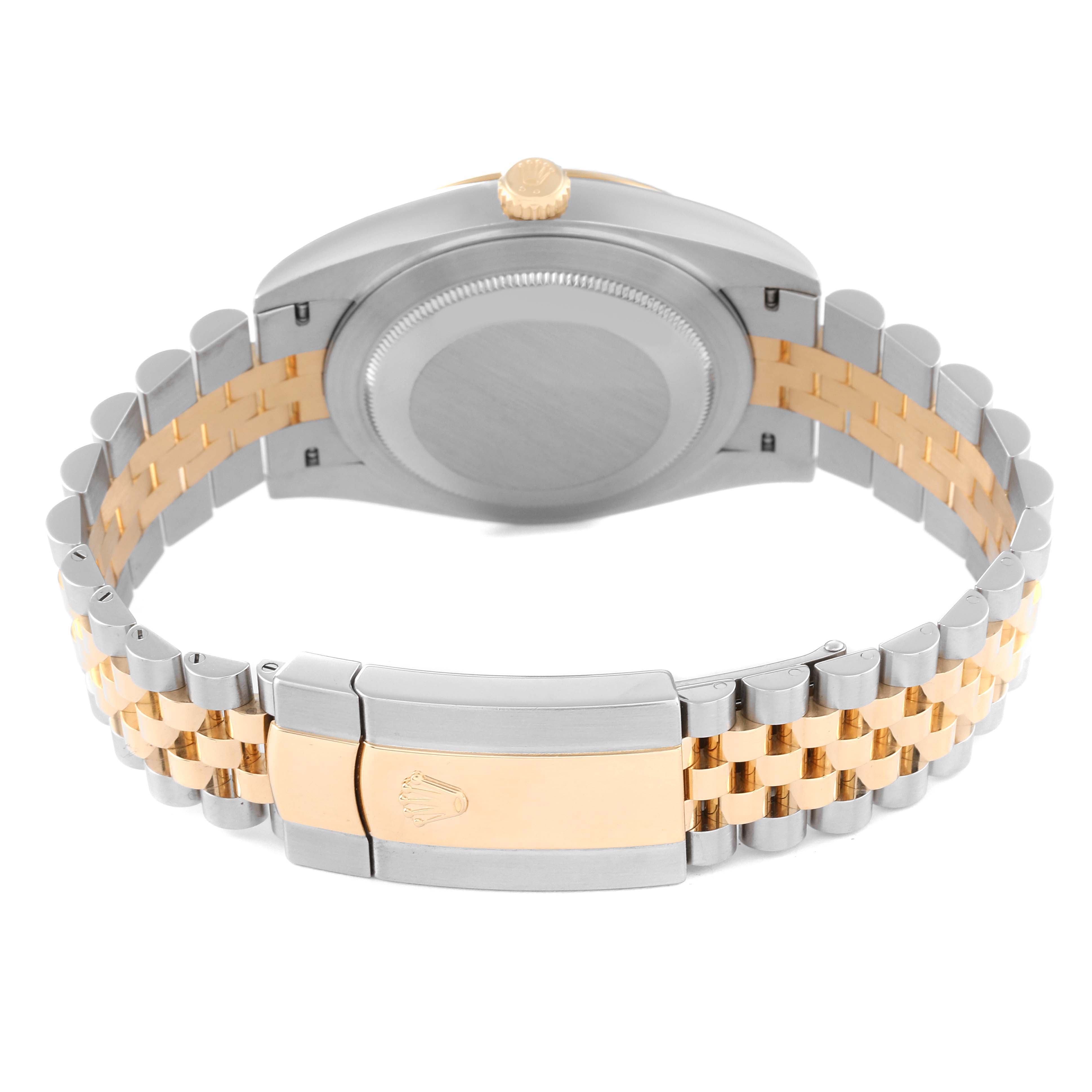 This image shows the back view of a Rolex Datejust 41 126333 Men's Steel and Gold (two tone) Silver Dial 126333 Men's Steel and Gold (two tone) Silver Dial watch, highlighting the case and metal bracelet with gold accents.