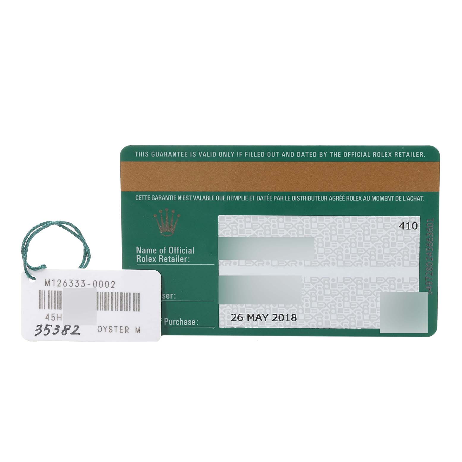The image shows the warranty card and tag for a Rolex Datejust 41 126333 Men's Steel and Gold (two tone) Silver Dial 126333 Men's Steel and Gold (two tone) Silver Dial model, with the purchase date visible.