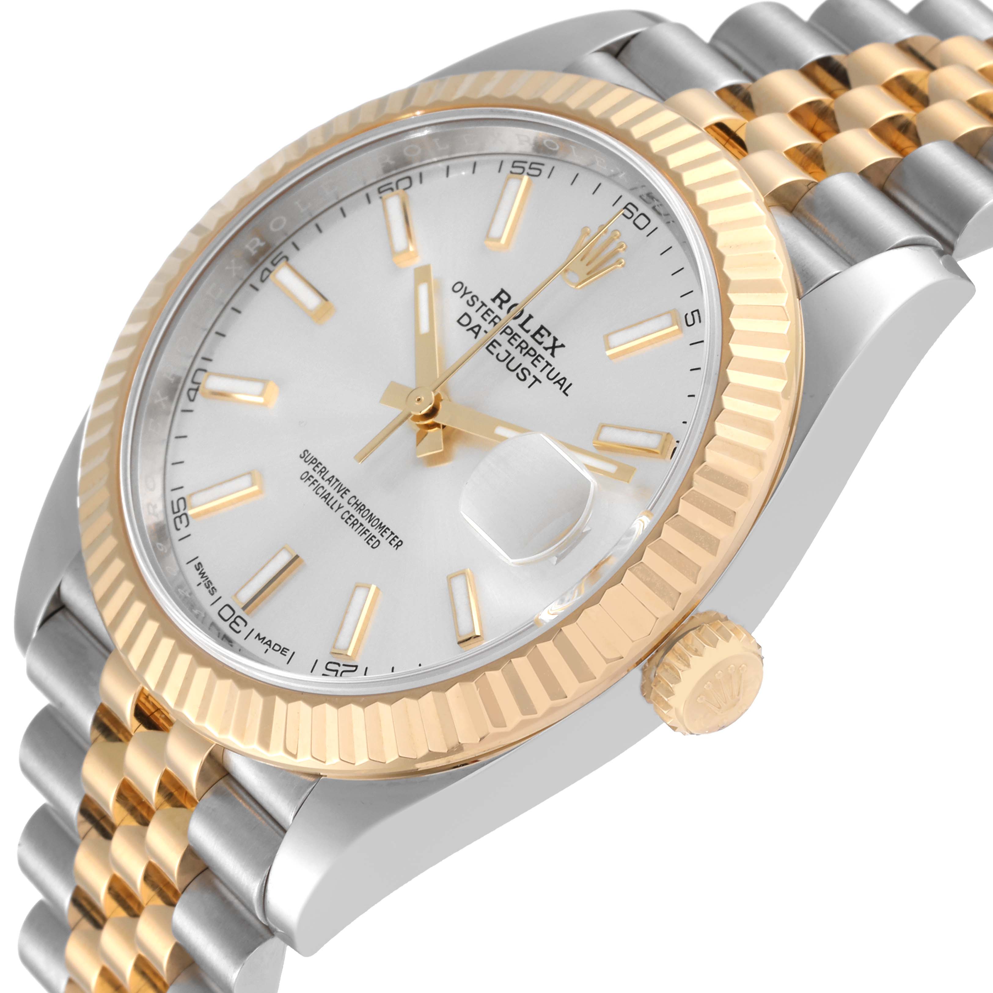 The image shows a Rolex Datejust 41 126333 Men's Steel and Gold (two tone) Silver Dial 126333 Men's Steel and Gold (two tone) Silver Dial watch at an angle, highlighting the face, bezel, crown, and part of the two-tone bracelet.