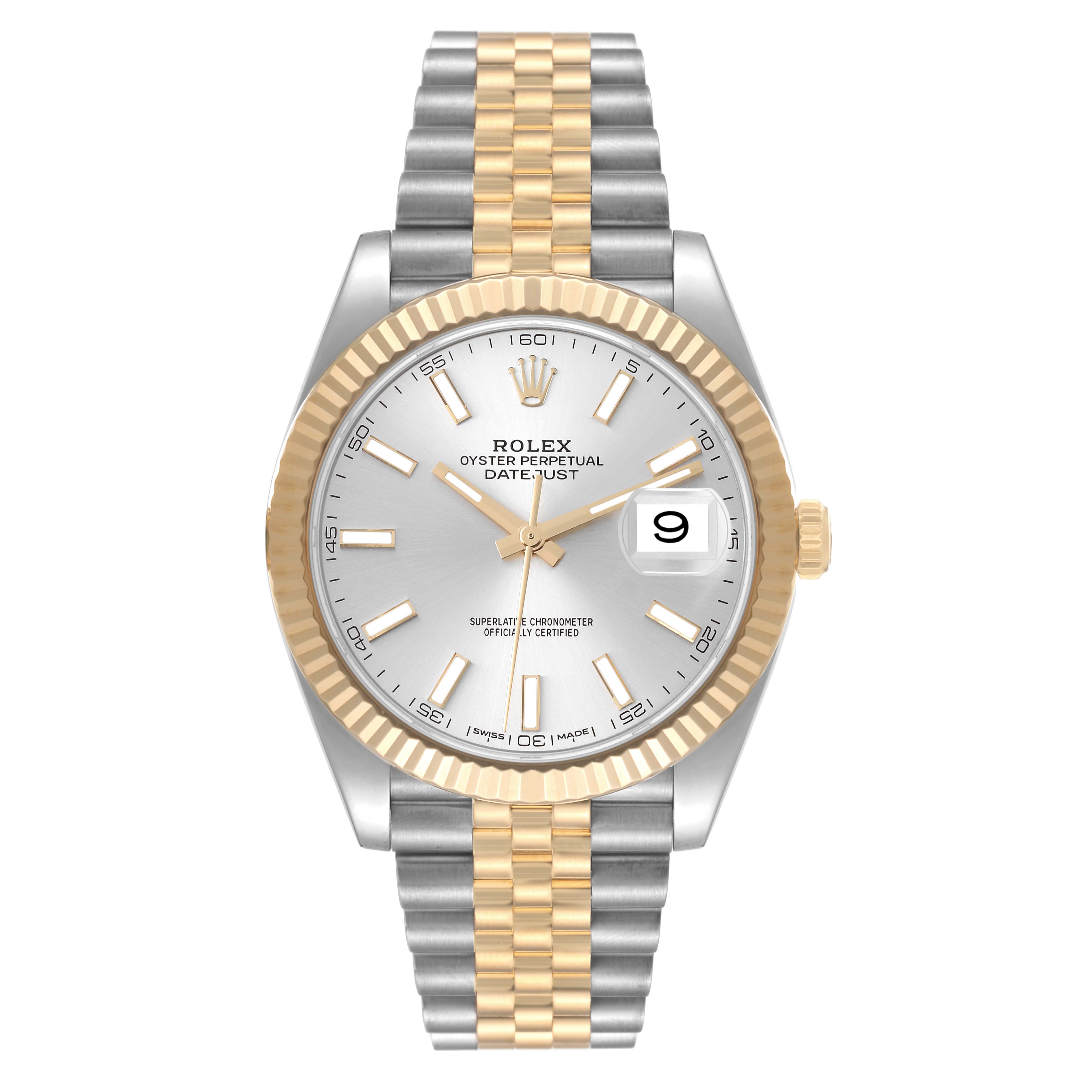 The image shows a front view of the Rolex Datejust 41 126333 Men's Steel and Gold (two tone) Silver Dial 126333 Men's Steel and Gold (two tone) Silver Dial model with a silver dial, gold fluted bezel, and two-tone Jubilee bracelet.