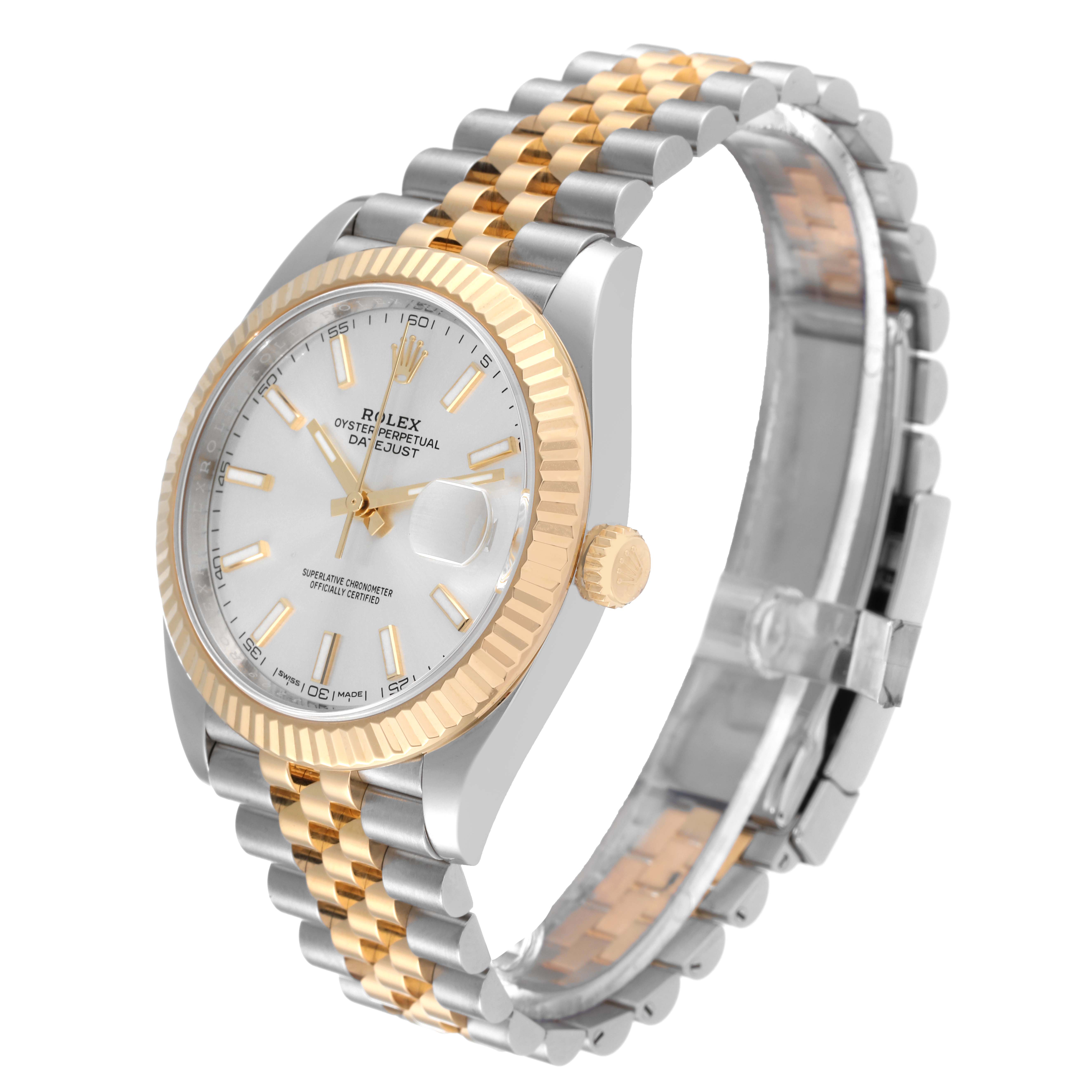 This image shows the Rolex Datejust 41 126333 Men's Steel and Gold (two tone) Silver Dial 126333 Men's Steel and Gold (two tone) Silver Dial model from a front-side angle, highlighting its two-tone bracelet, fluted bezel, and dial.