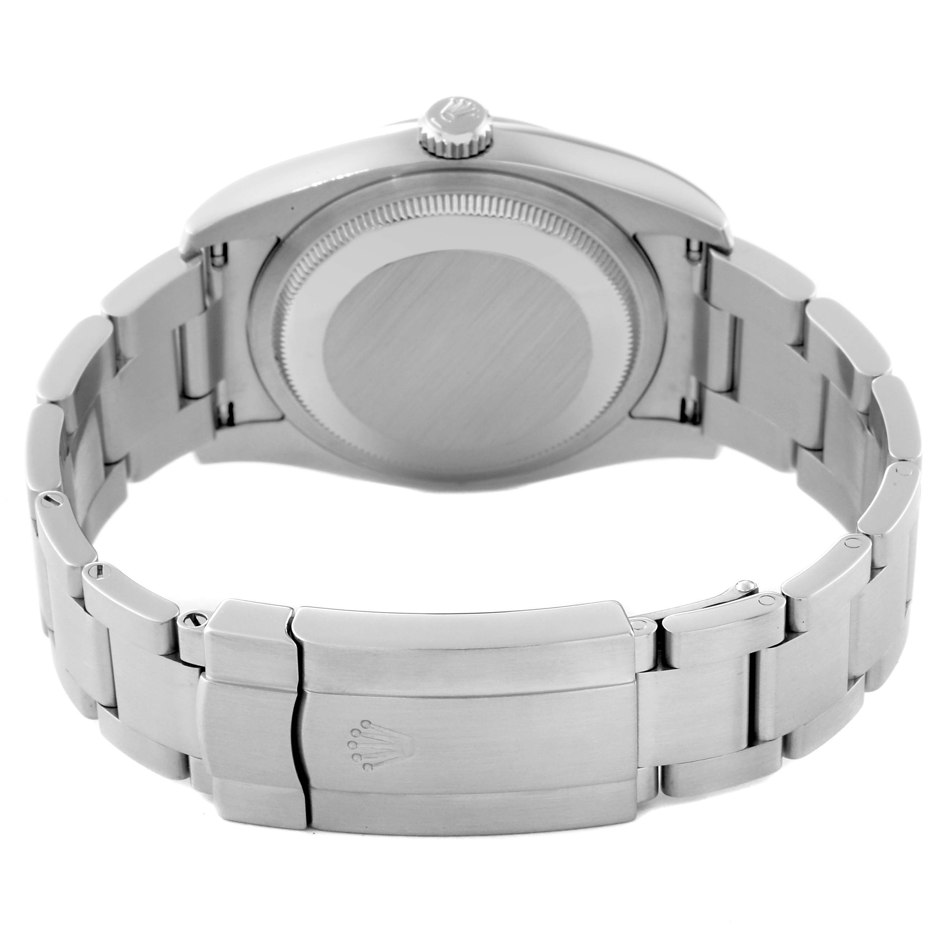 This image shows the back case and clasp of a Rolex Datejust 116200 Men
s Stainless Steel Black Dial 116200 Men
s Stainless Steel Black Dial model watch, with a focus on the bracelet and crown.