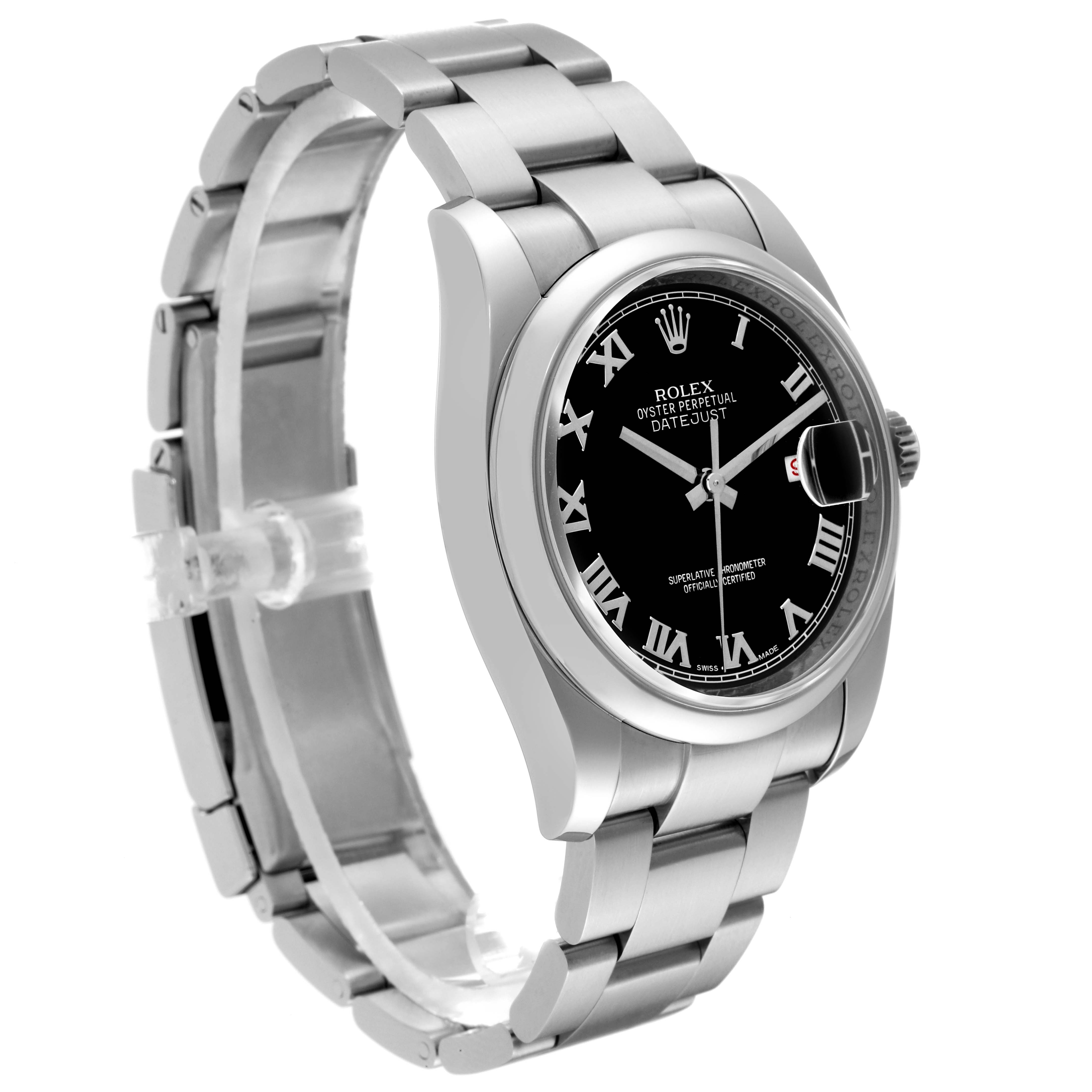 This image shows a Rolex Datejust 116200 Men
s Stainless Steel Black Dial 116200 Men
s Stainless Steel Black Dial watch at a three-quarter angle, highlighting its bracelet, bezel, and black dial with Roman numerals.