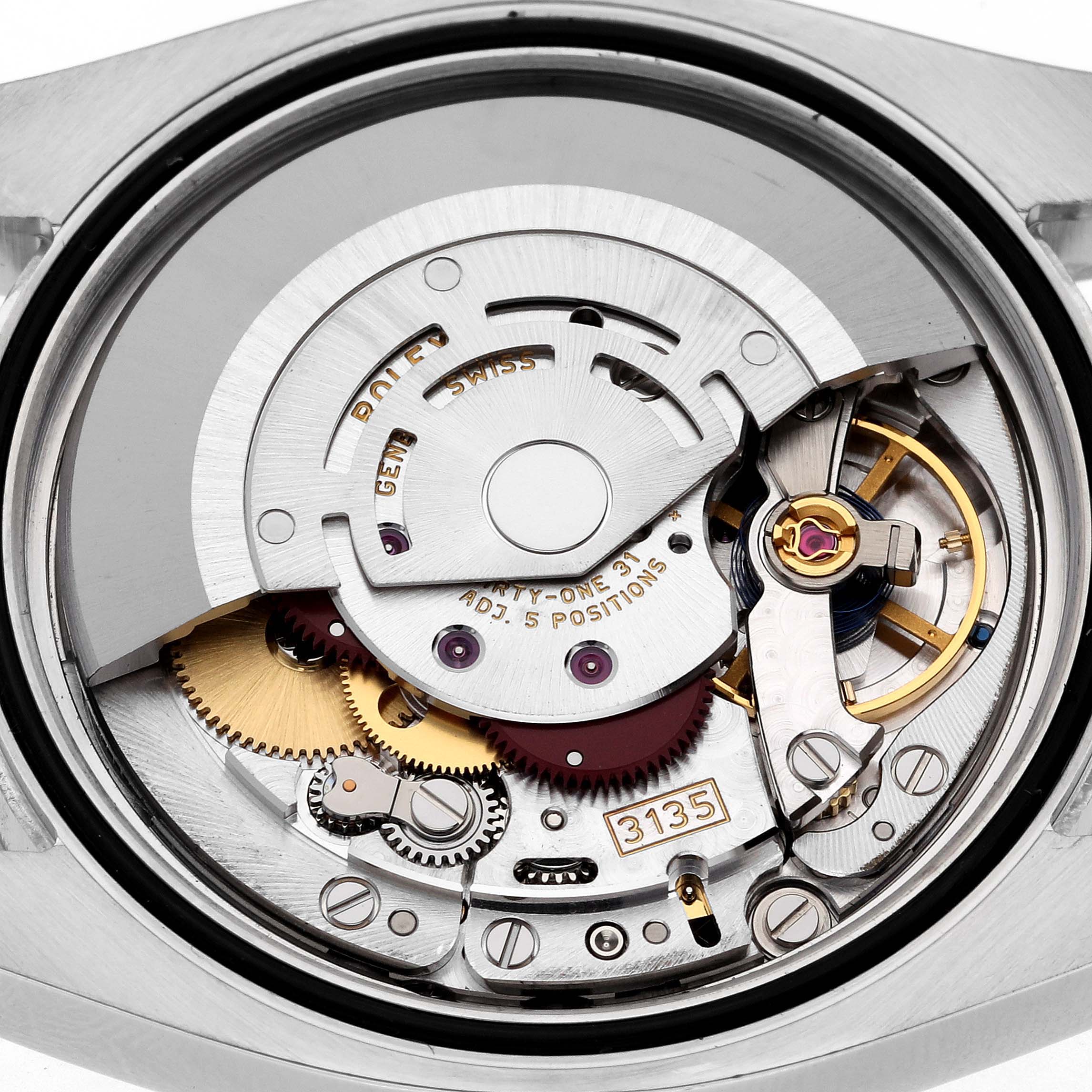 This image shows a close-up view of the Rolex Datejust 116200 Men
s Stainless Steel Black Dial 116200 Men
s Stainless Steel Black Dial
s internal movement mechanism from the back.