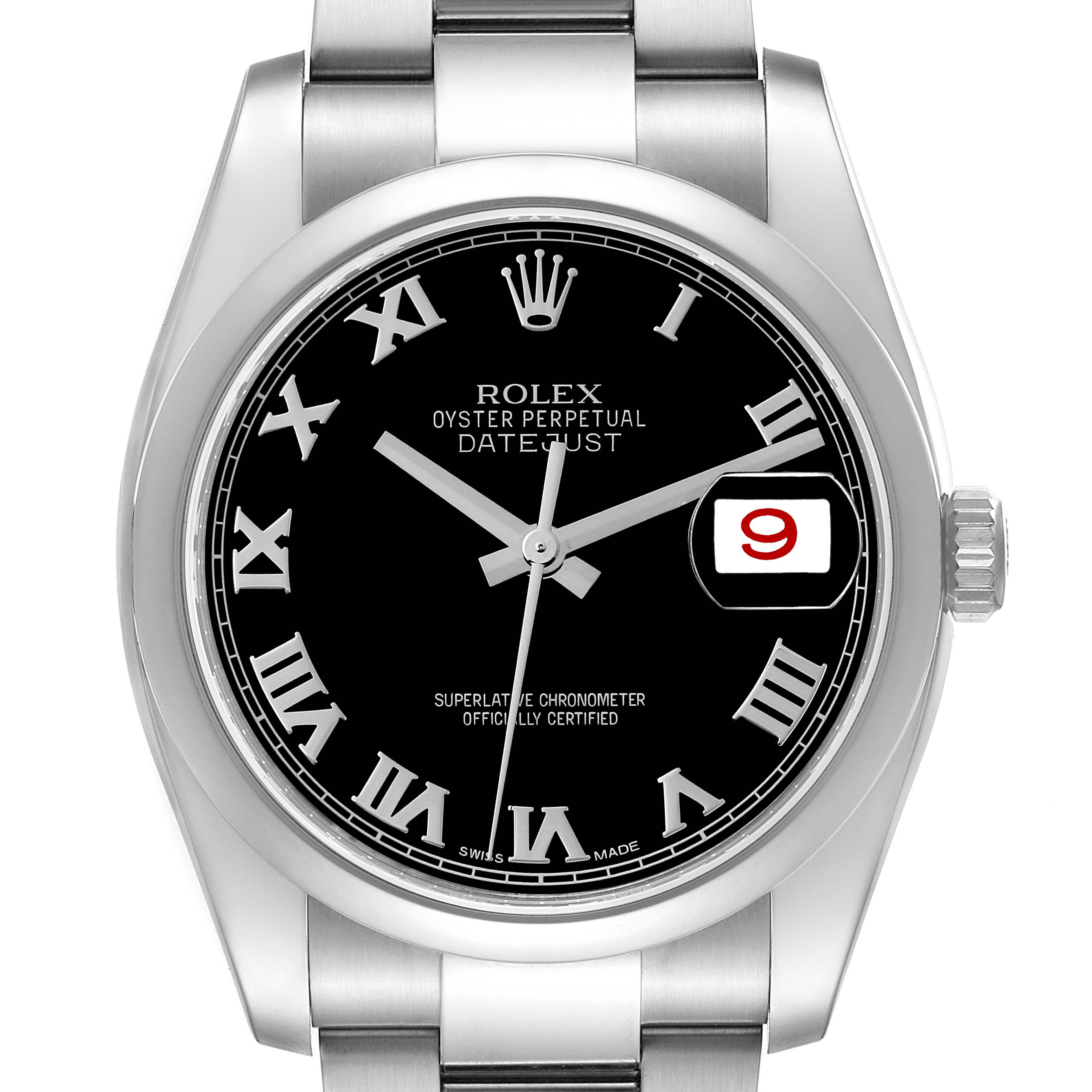 The image shows a front view of the Rolex Datejust 116200 Men
s Stainless Steel Black Dial 116200 Men
s Stainless Steel Black Dial watch, highlighting its black dial, Roman numerals, and date window with a magnifier.