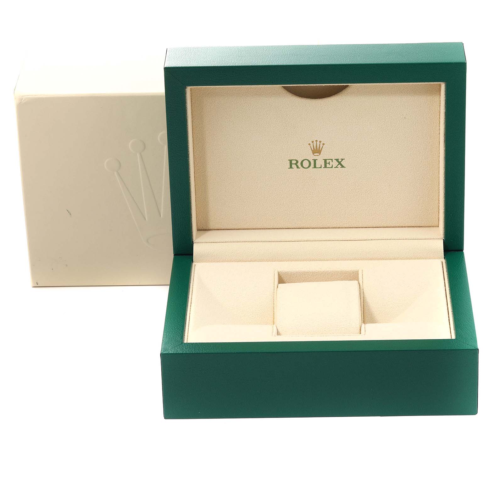 The image shows an open Rolex Datejust 116200 Men
s Stainless Steel Black Dial 116200 Men
s Stainless Steel Black Dial watch box with a green exterior and beige interior.