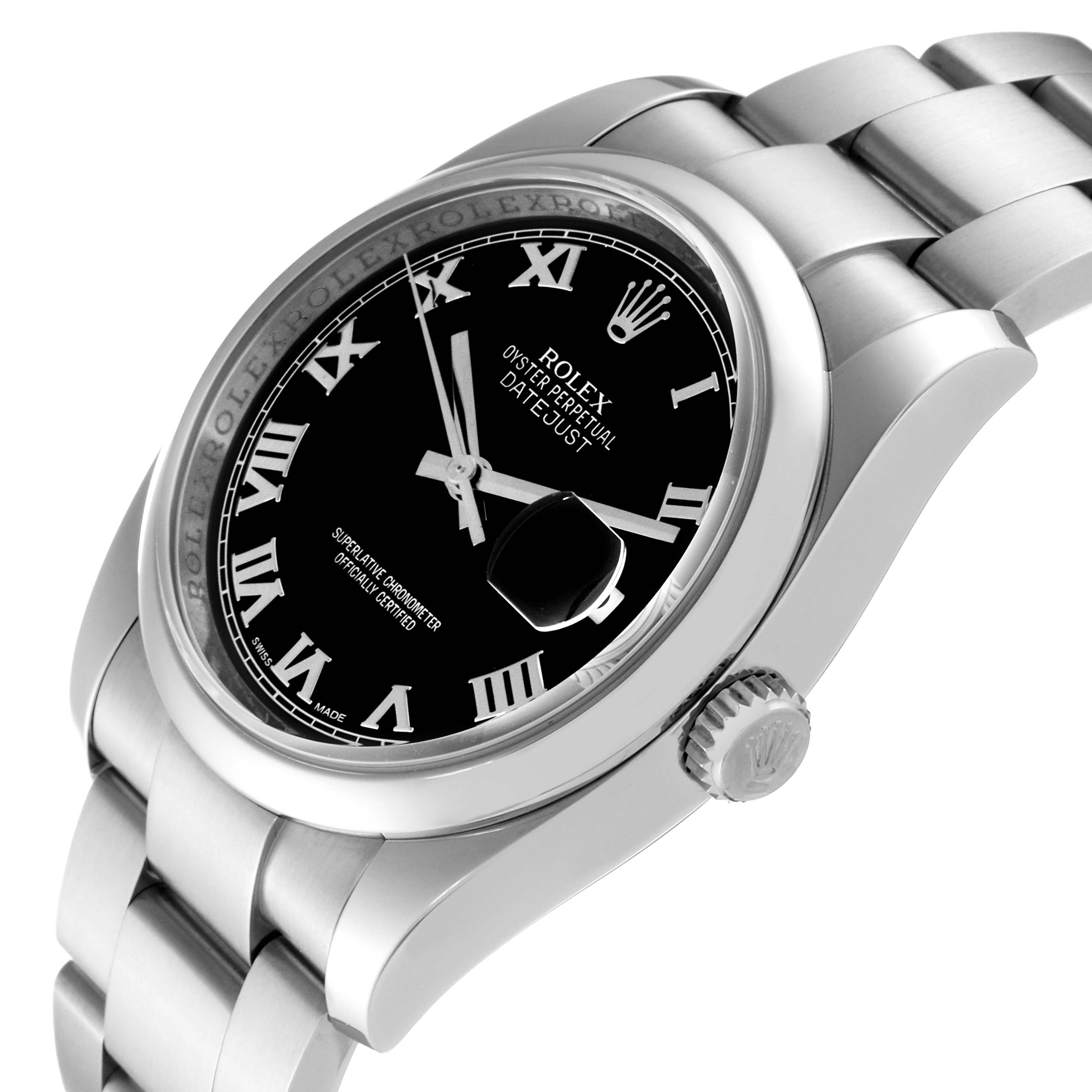 The Rolex Datejust 116200 Men
s Stainless Steel Black Dial 116200 Men
s Stainless Steel Black Dial watch is shown at an angled view highlighting the black dial, Roman numerals, case, crown, and bracelet.