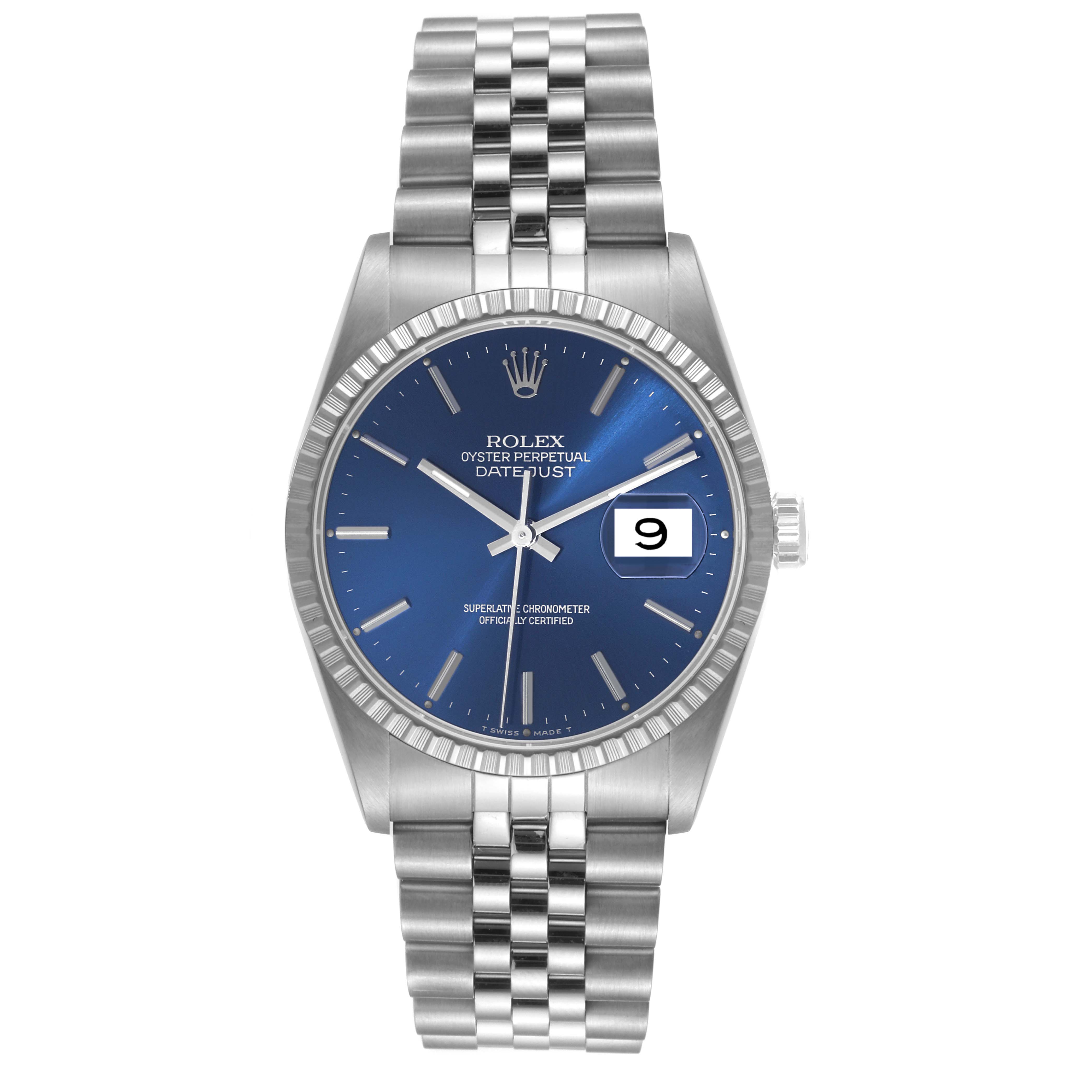 This image shows a front view of a Rolex Datejust 16220 Men's Stainless Steel Blue Dial 16220 Men's Stainless Steel Blue Dial watch, highlighting its blue dial, date feature, and metal bracelet.