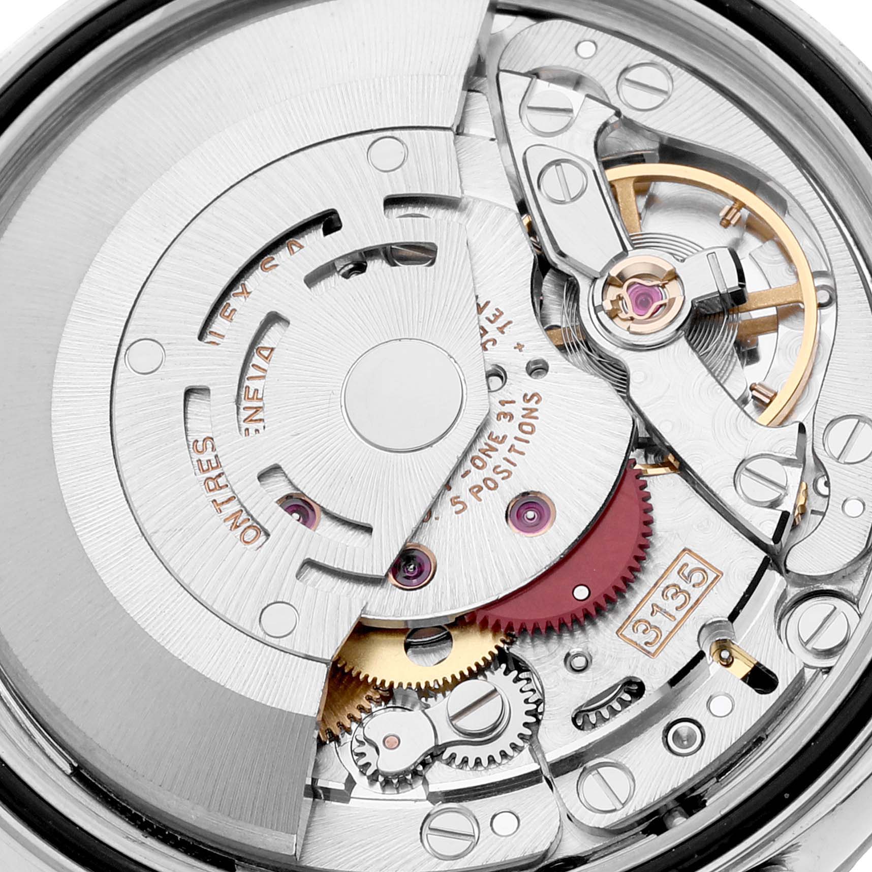 This image shows the intricate movement components of a Rolex Datejust 16220 Men's Stainless Steel Blue Dial 16220 Men's Stainless Steel Blue Dial watch from a close-up angle.