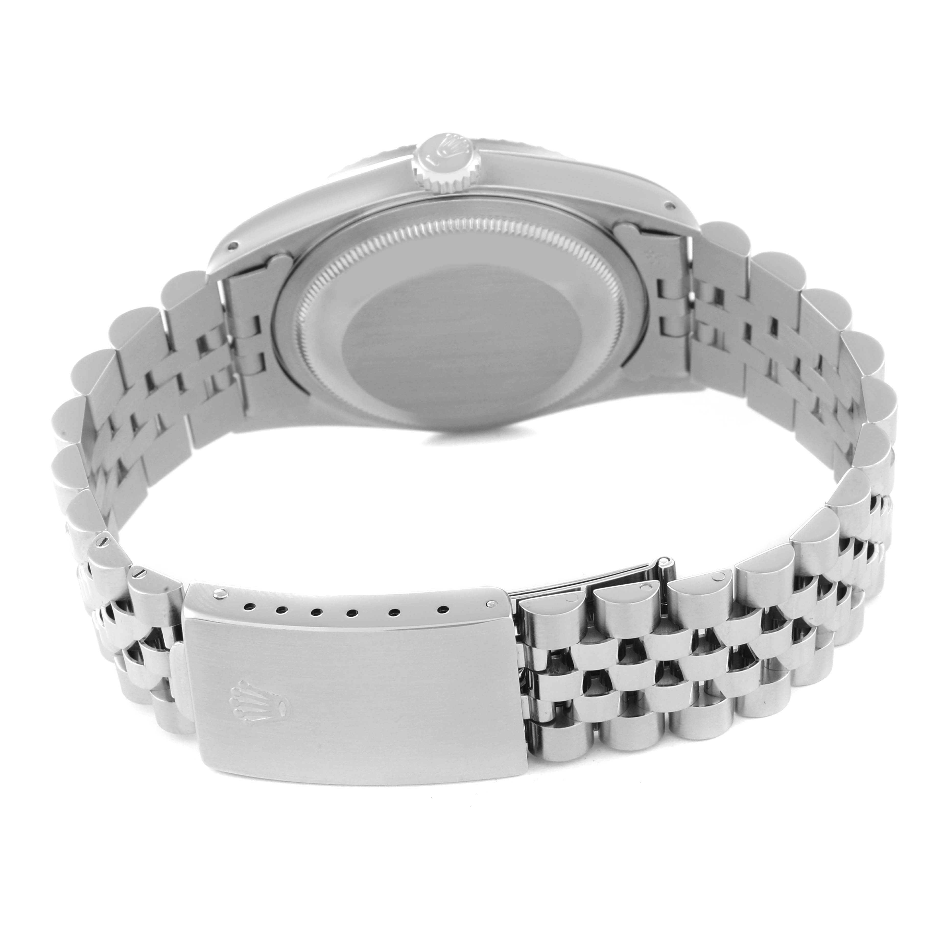 The image shows the back view of a Rolex Datejust 16220 Men's Stainless Steel Blue Dial 16220 Men's Stainless Steel Blue Dial watch, highlighting the clasp and bracelet.