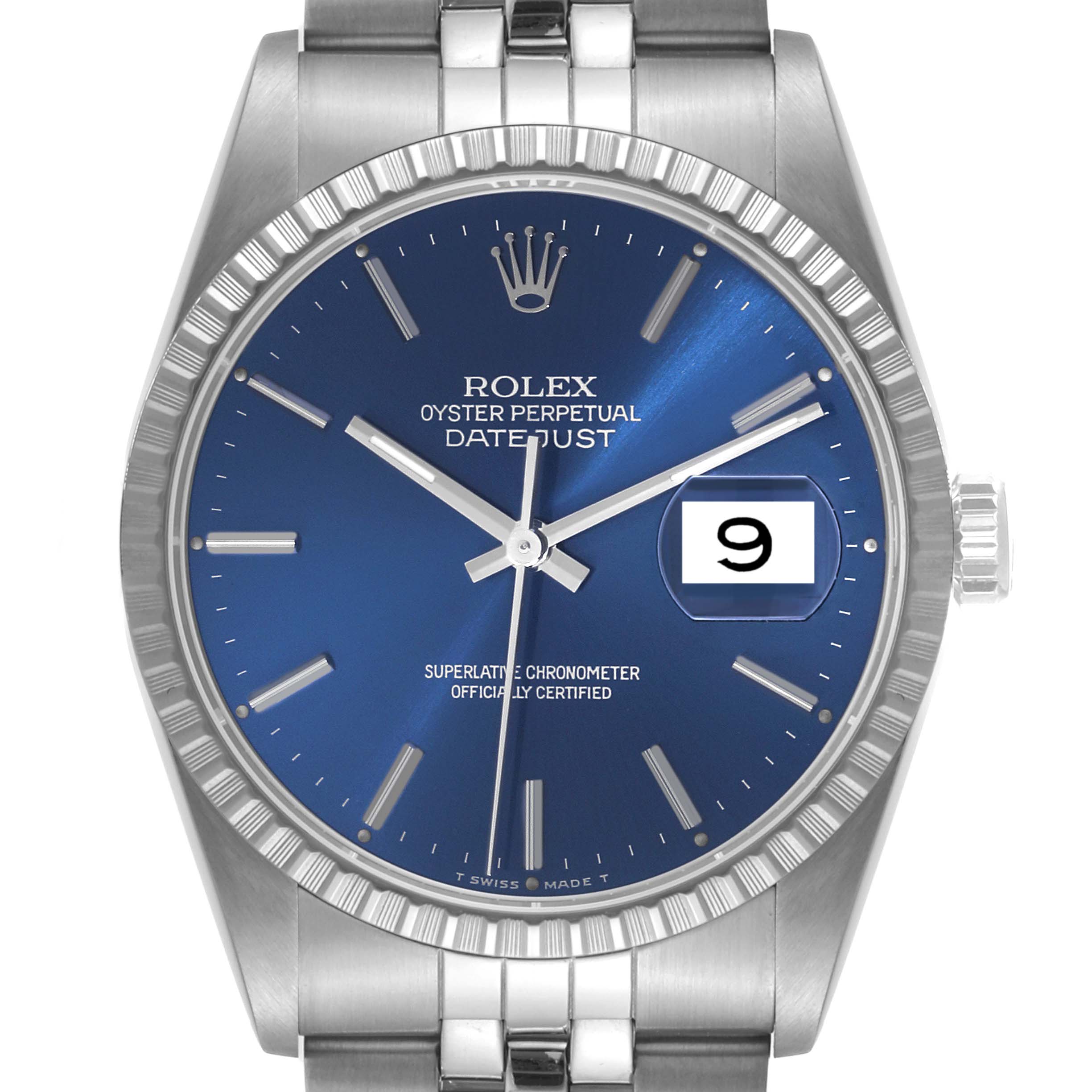 This image shows a Rolex Datejust 16220 Men's Stainless Steel Blue Dial 16220 Men's Stainless Steel Blue Dial watch from the front, highlighting the blue dial, date window, bracelet, and fluted bezel.
